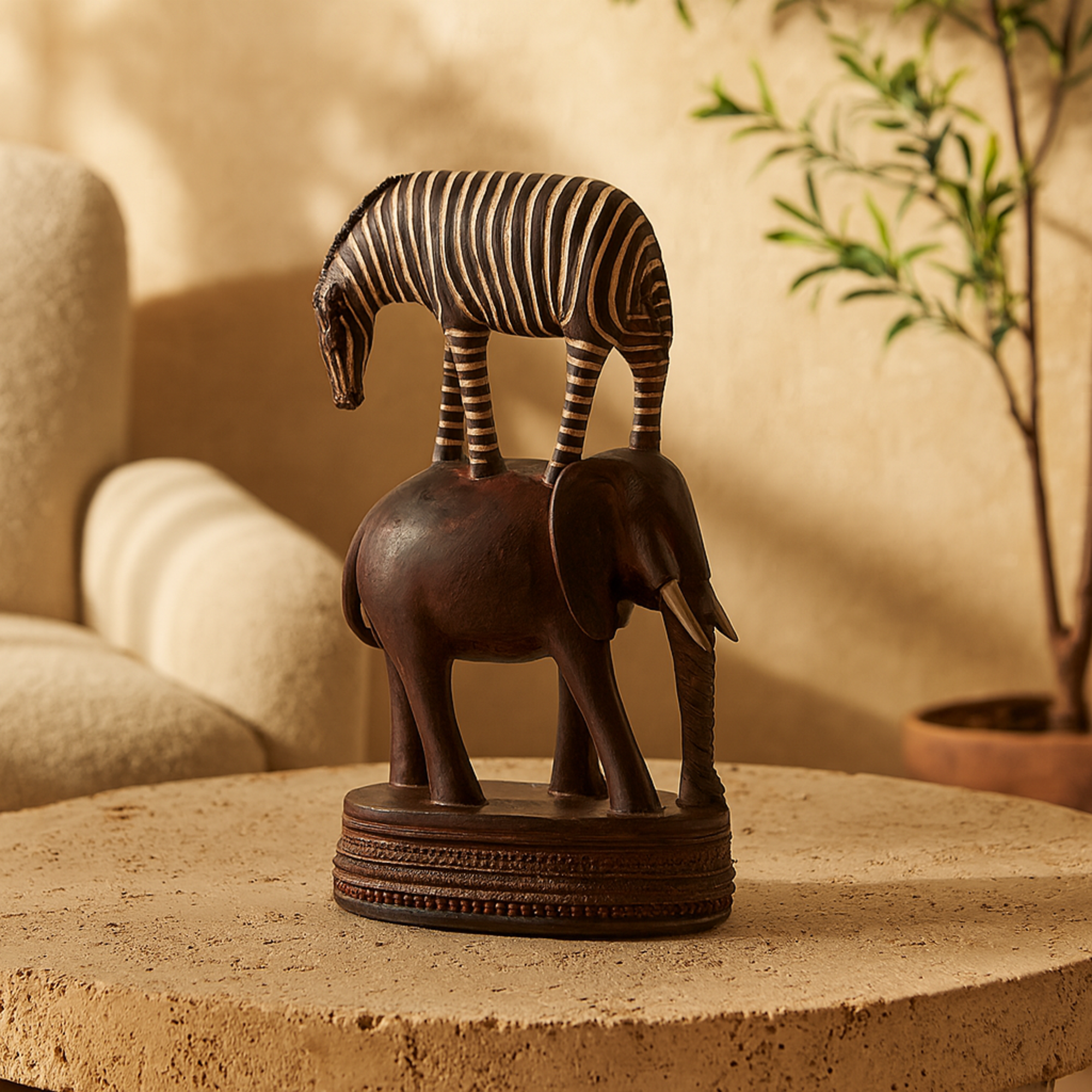 Safari Animals Multi Colored Polyresin Stacked Decorative Sculpture with Round Base
