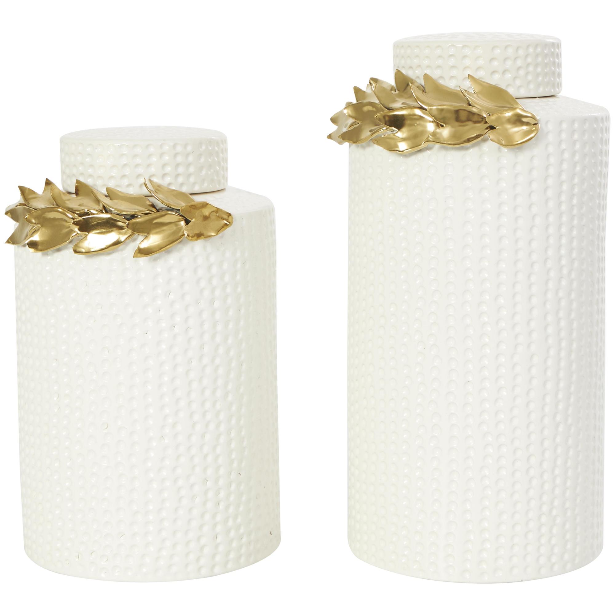 Set of 2 Leaf White Ceramic Living Room Decorative Jars with Abstract Spotted Pattern and Gold Accents