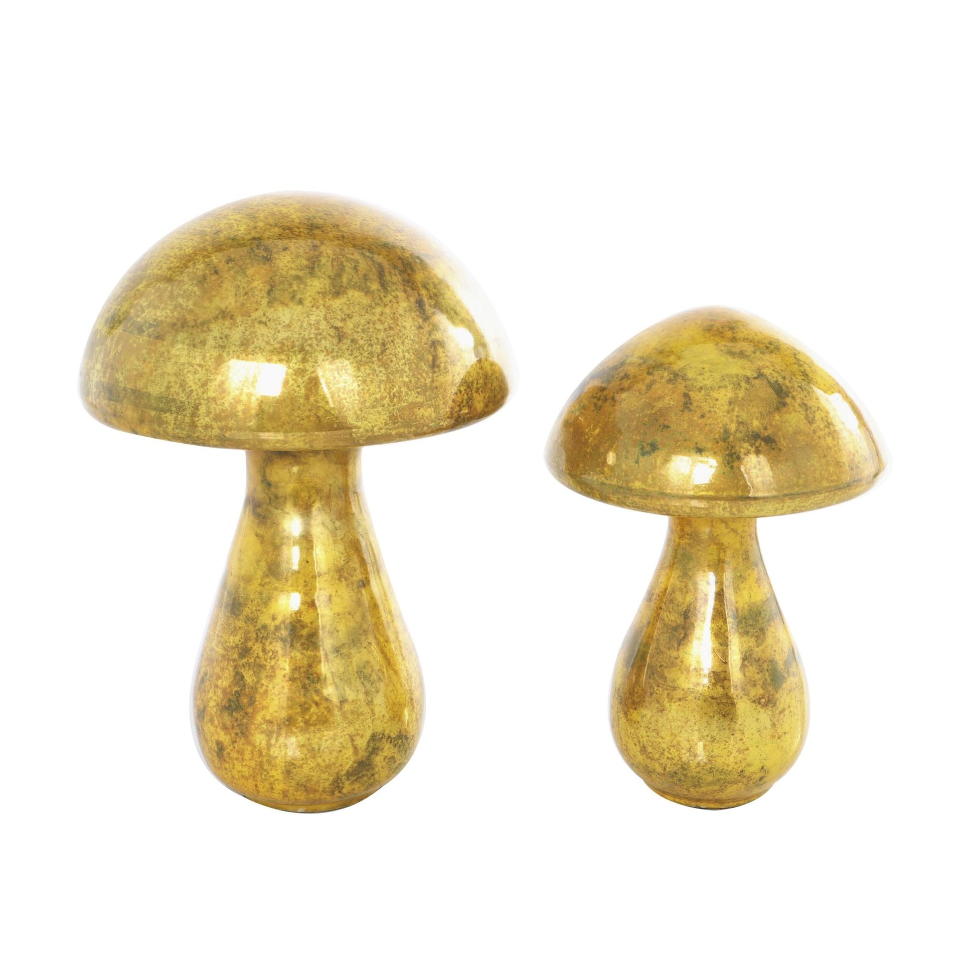 Set of 2 Mushroom Glass Handmade Glossy Weathered Decorative Sculpture