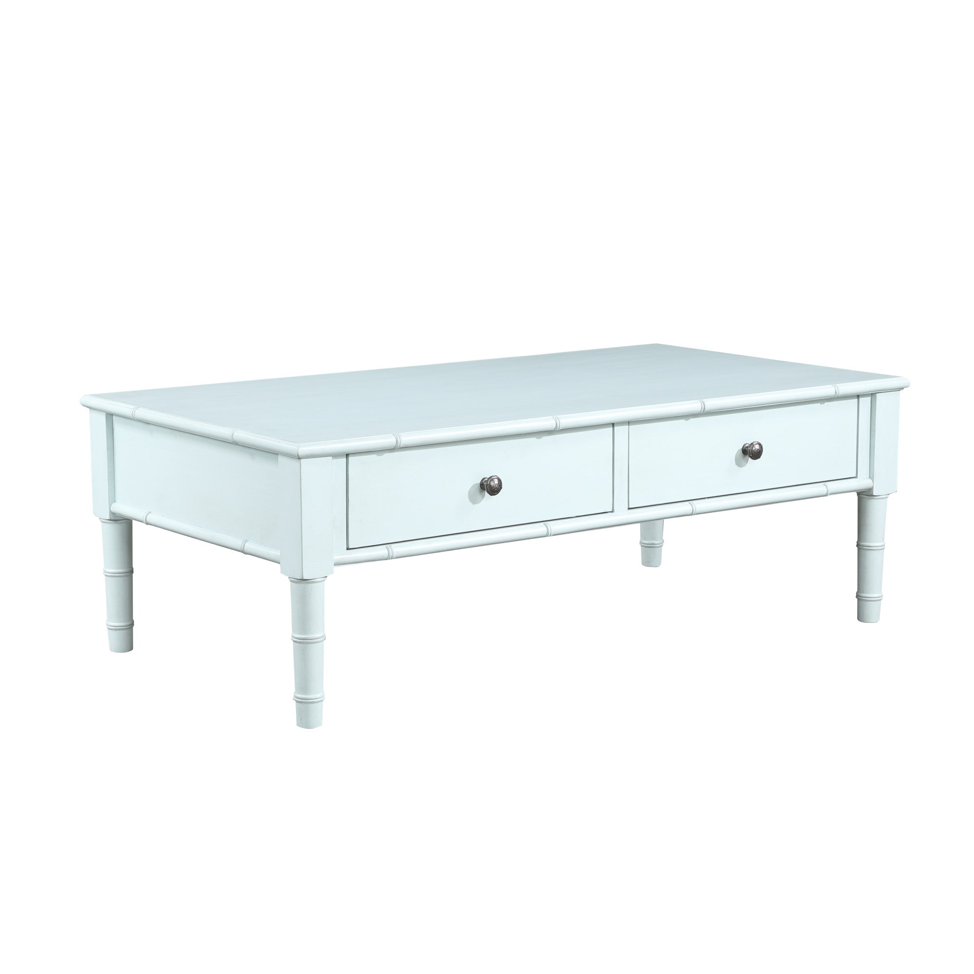 Light Blue Wood 2 Drawer Living Room Coffee Table with Bamboo Inspired Detailing and Bronze Knobs