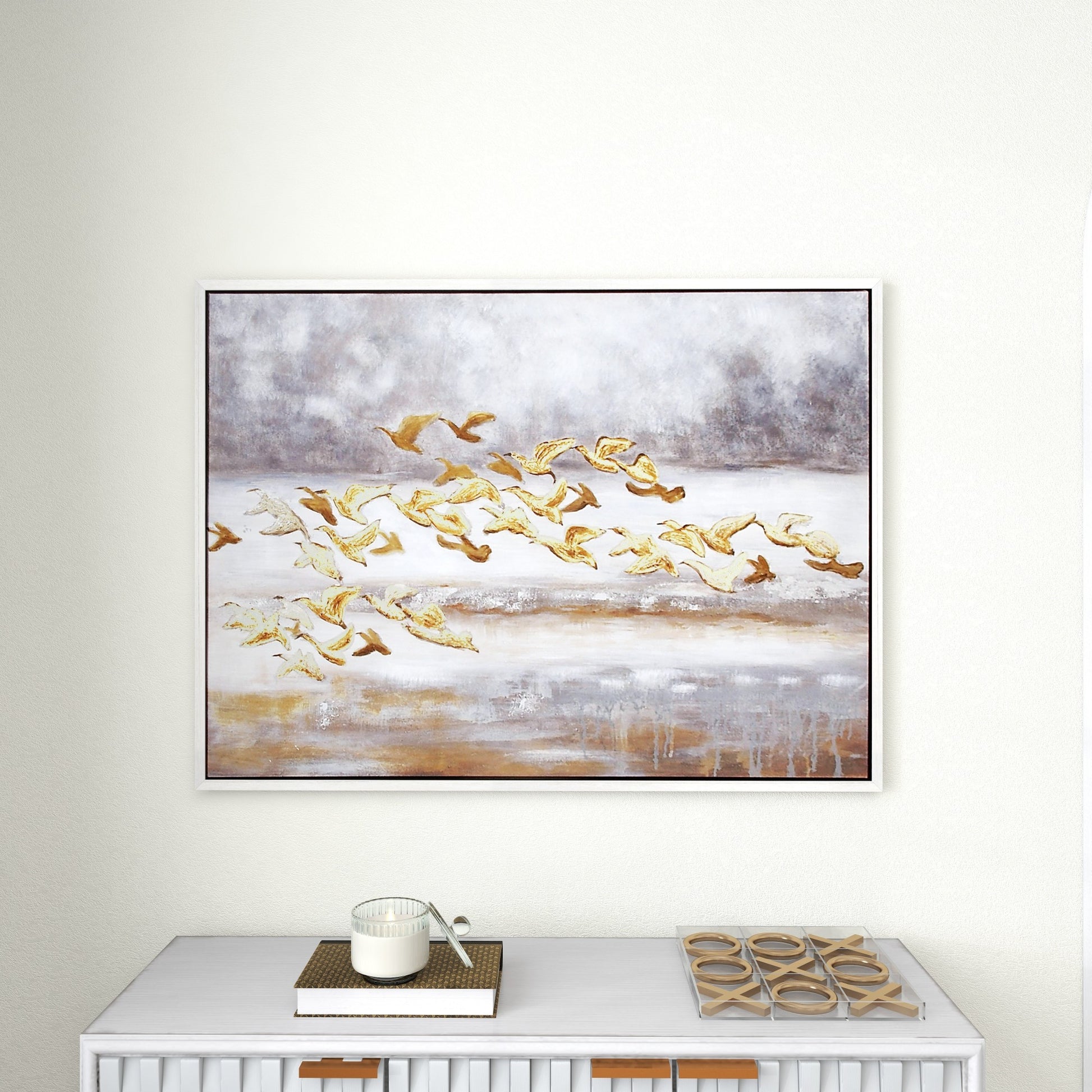 Bird Gold Canvas Living Room Framed Wall Art with Silver Frame