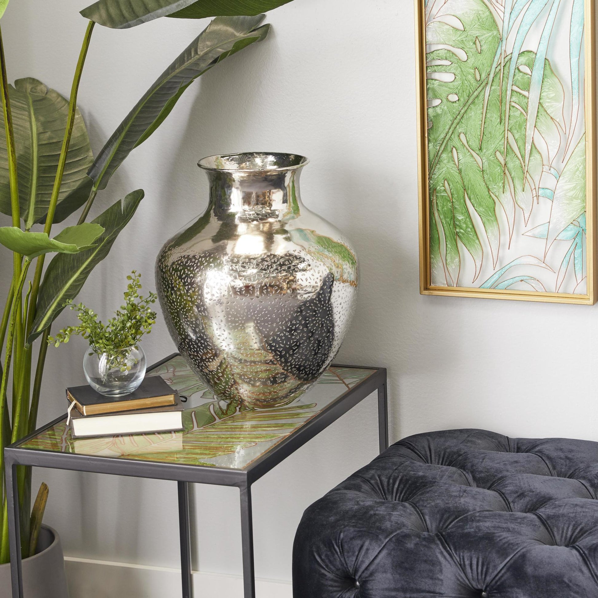 Silver Aluminum Metal Round Engraved Decorative Vase
