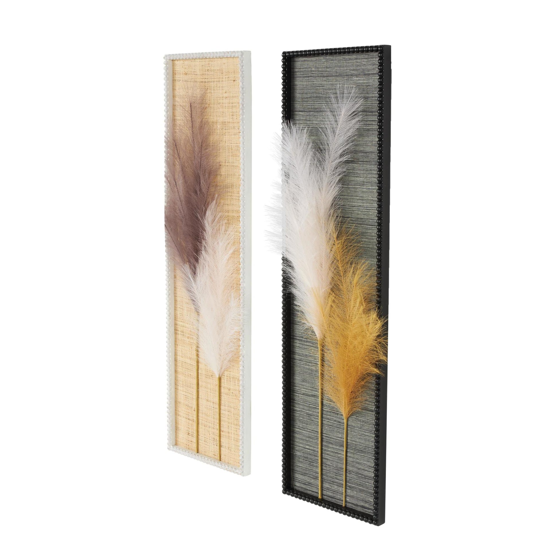 Set of 2 Leaf Brown Wood Handmade 3D Pampas Stem Living Room Framed Wall Art with Textured Backing and Beaded Frame