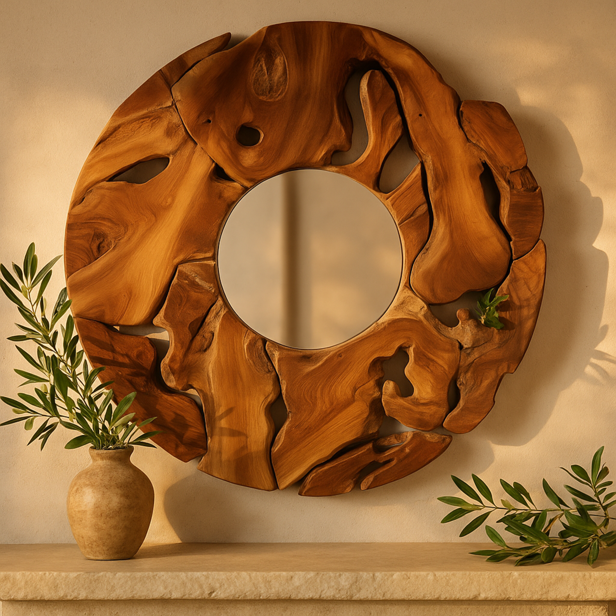 Abstract Brown Teak Wood Live Edge Room Wall Mirror