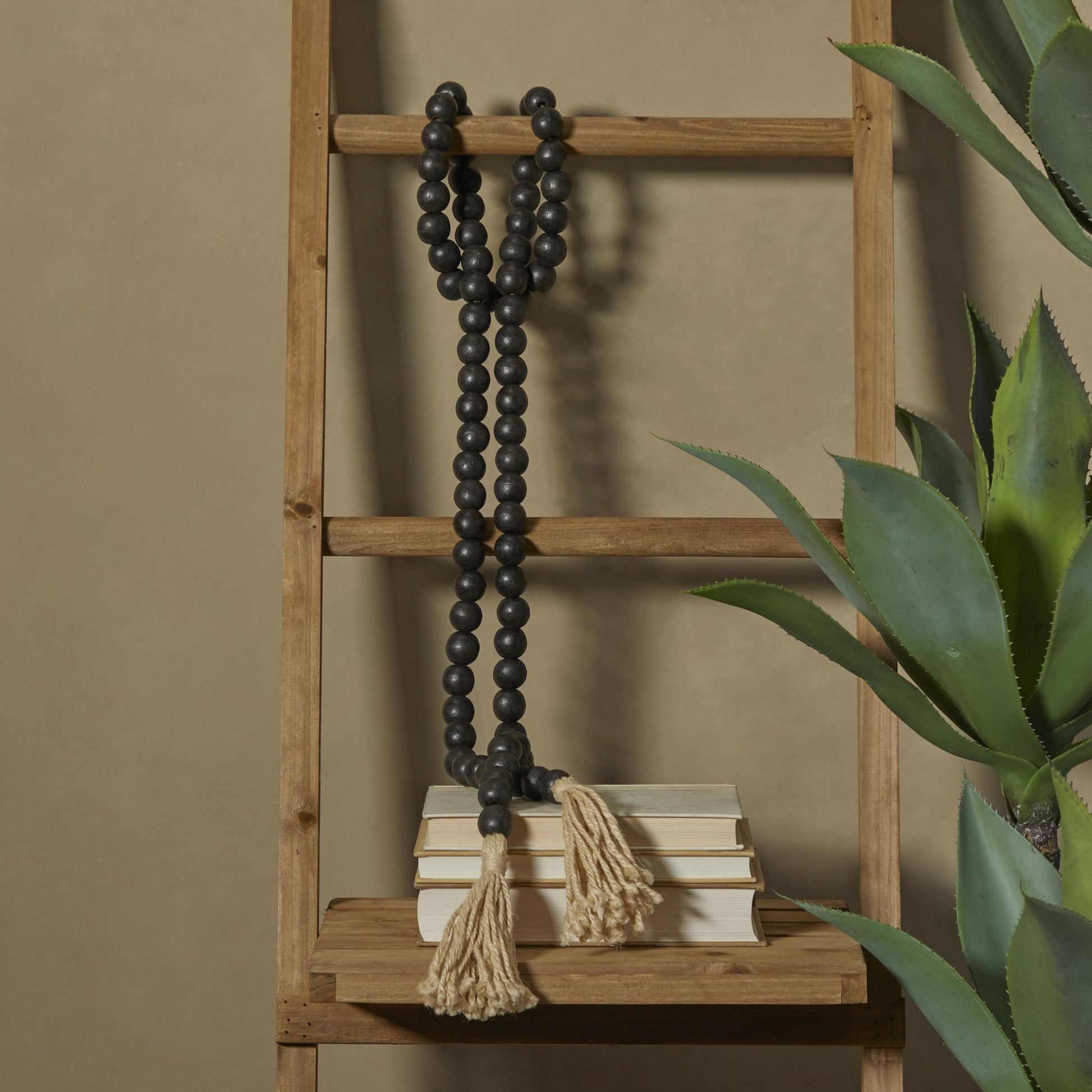 Mango Wood Handmade Round Long Carved Beaded Garland with Tassel