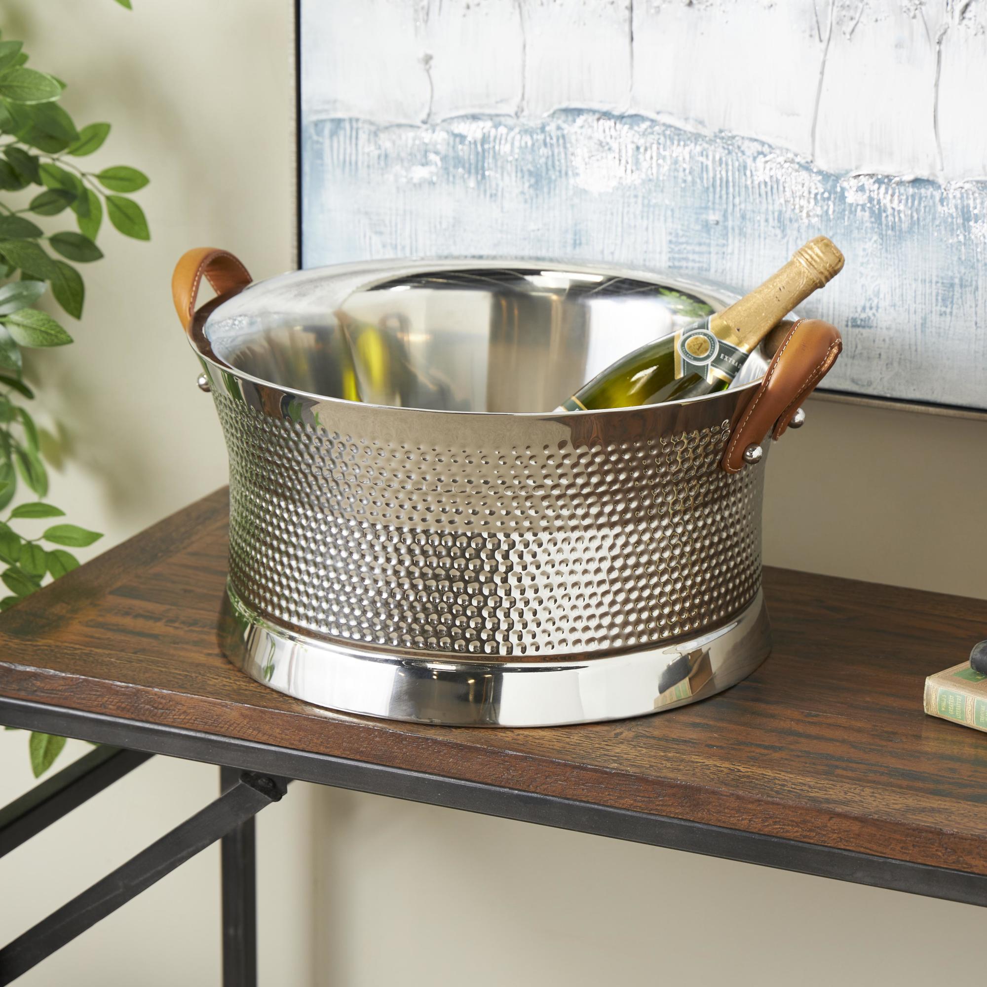 Silver Stainless Steel Metal Hammered Decorative Ice Bucket with Brown Leather Handles