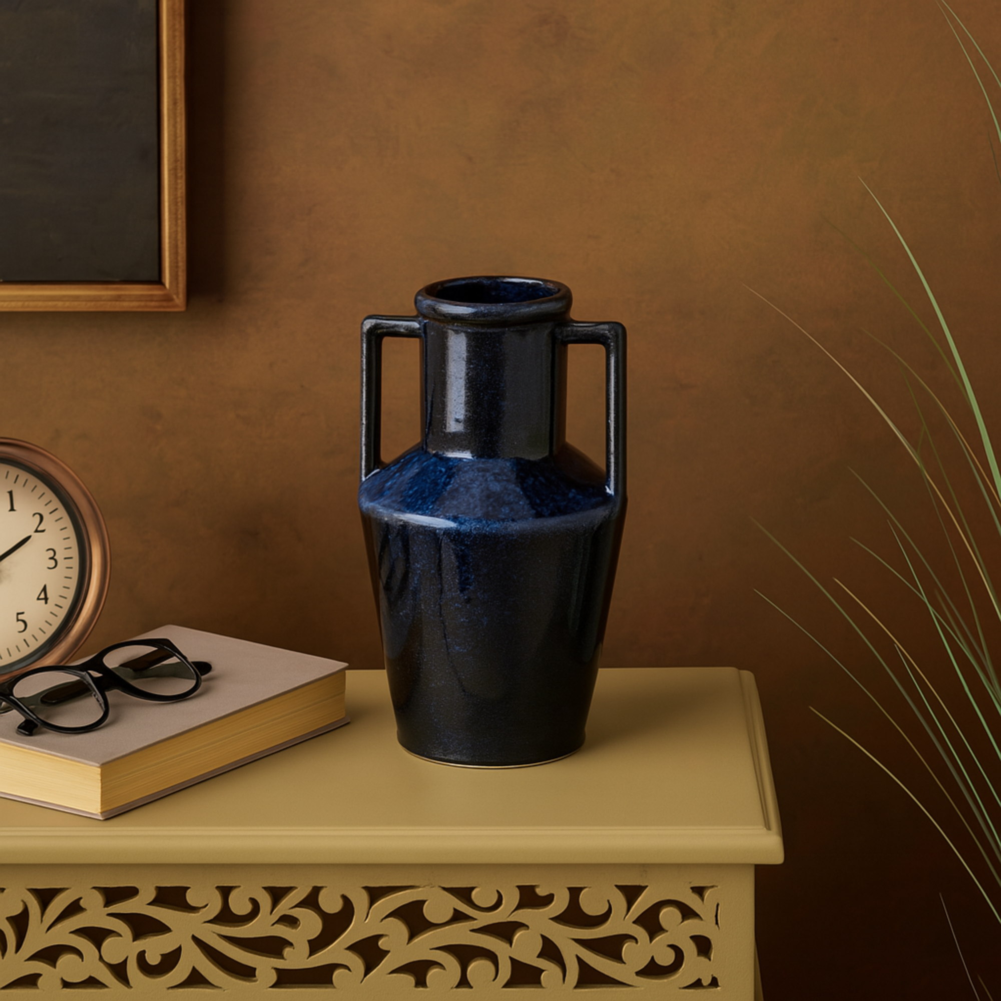 Dark Blue Ceramic Ombre Textured Decorative Vase with Rectangular Handles