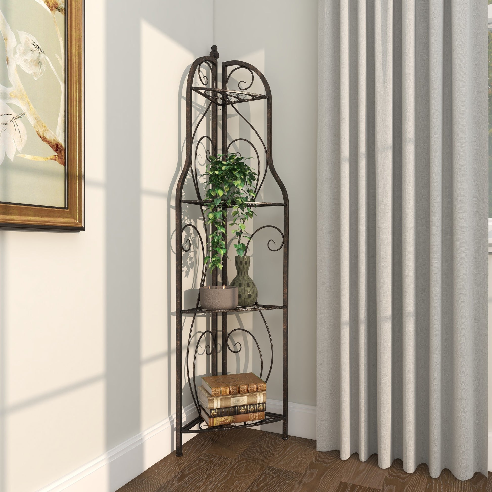 Scroll Black Metal Indoor Outdoor Arched Tall Folding Corner 4 Shelf Decorative Bakers Rack