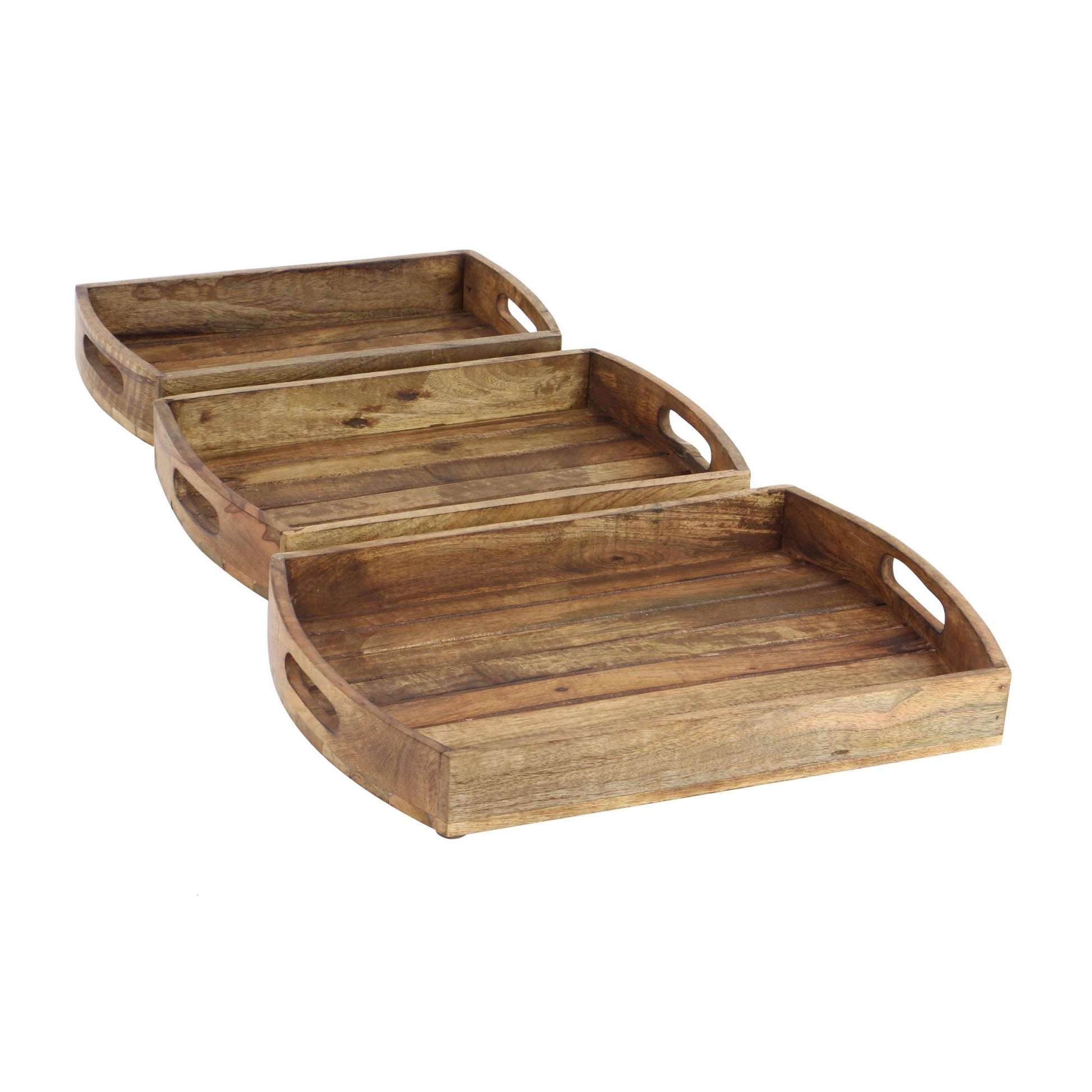 Set of 3 Light Brown Mango Wood Living Room Decor Tray with Slot Handles
