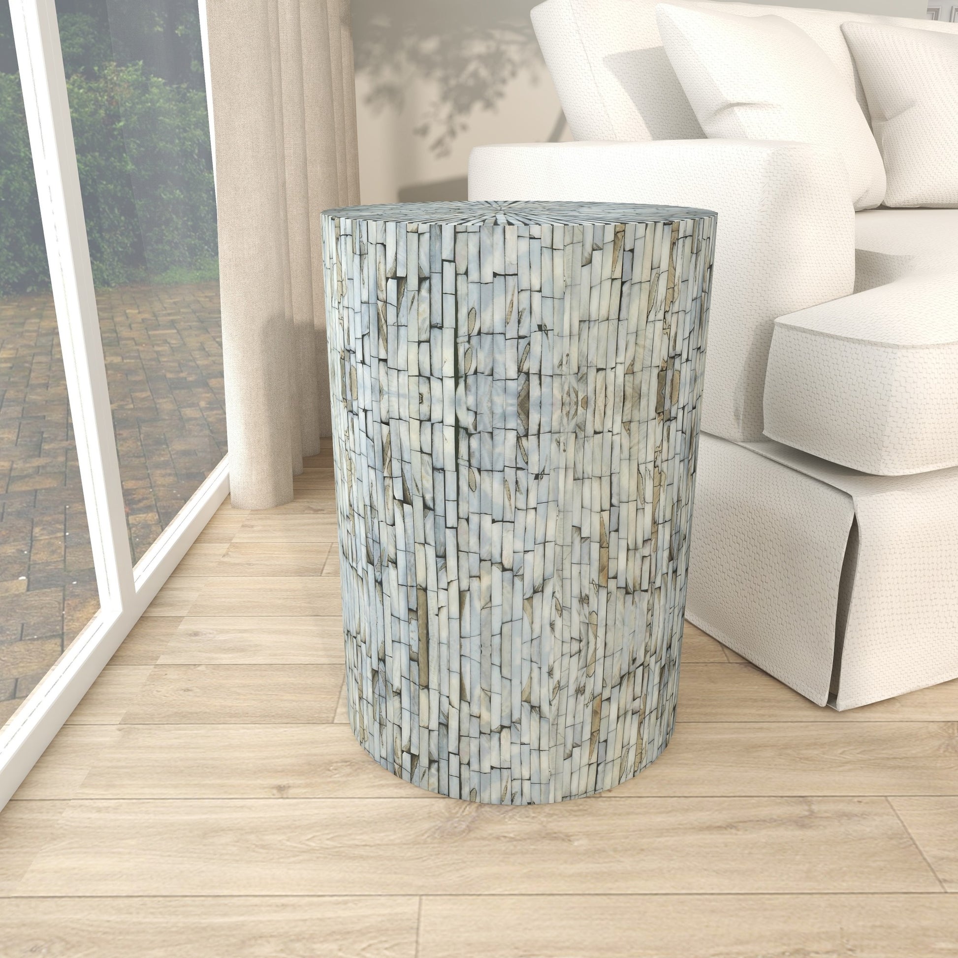Geometric Mother of Pearl Shell Handmade Mosaic Drum Side End Accent Table