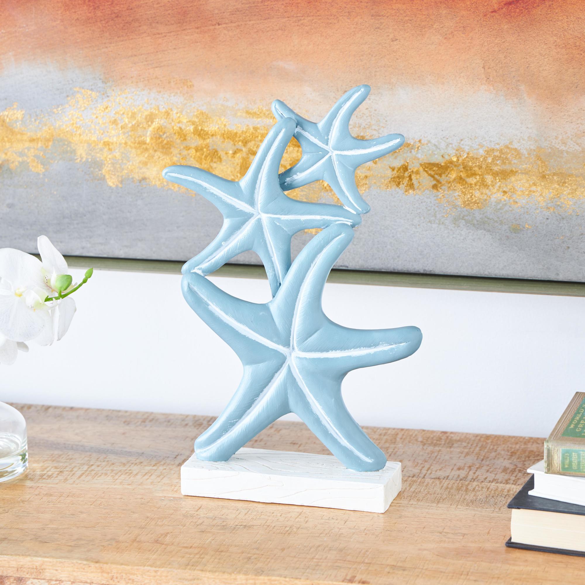 Starfish Blue Polystone Stacked Decorative Sculpture with Engraved Floral and Scroll Patterns