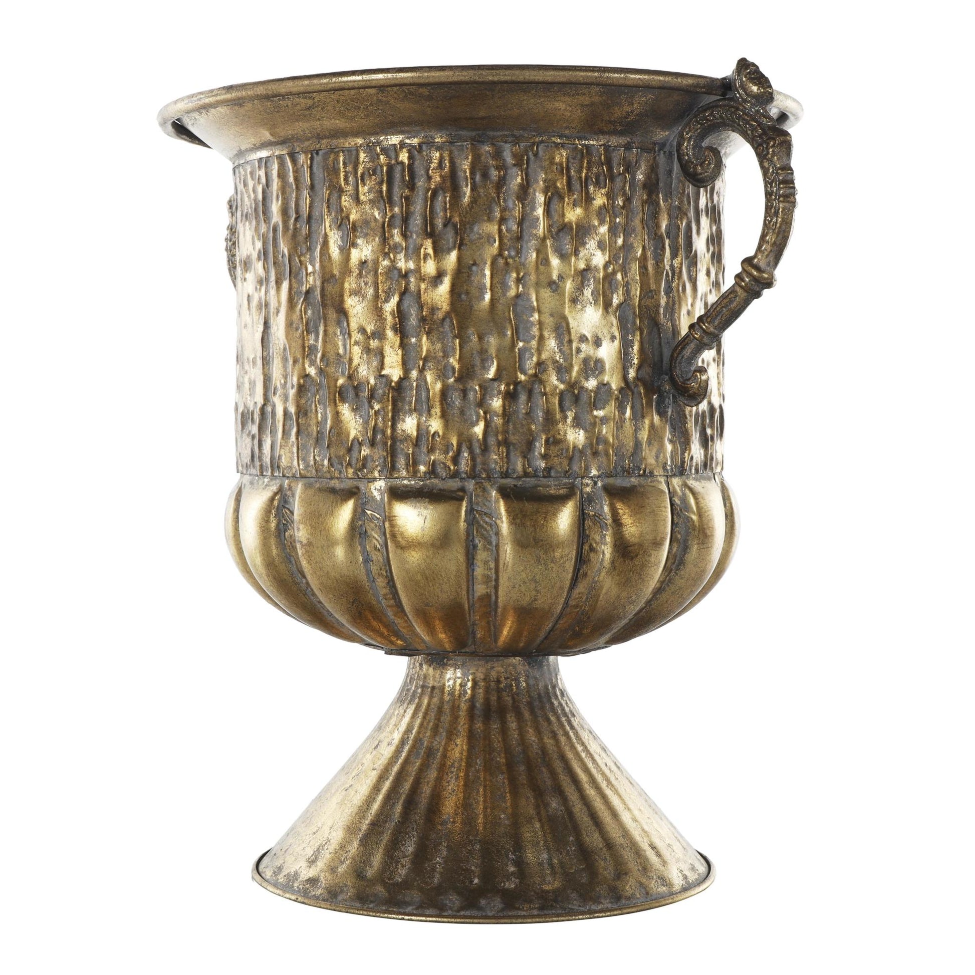 Scroll Gold Metal Urn Shaped Decorative Vase with Hammered Details