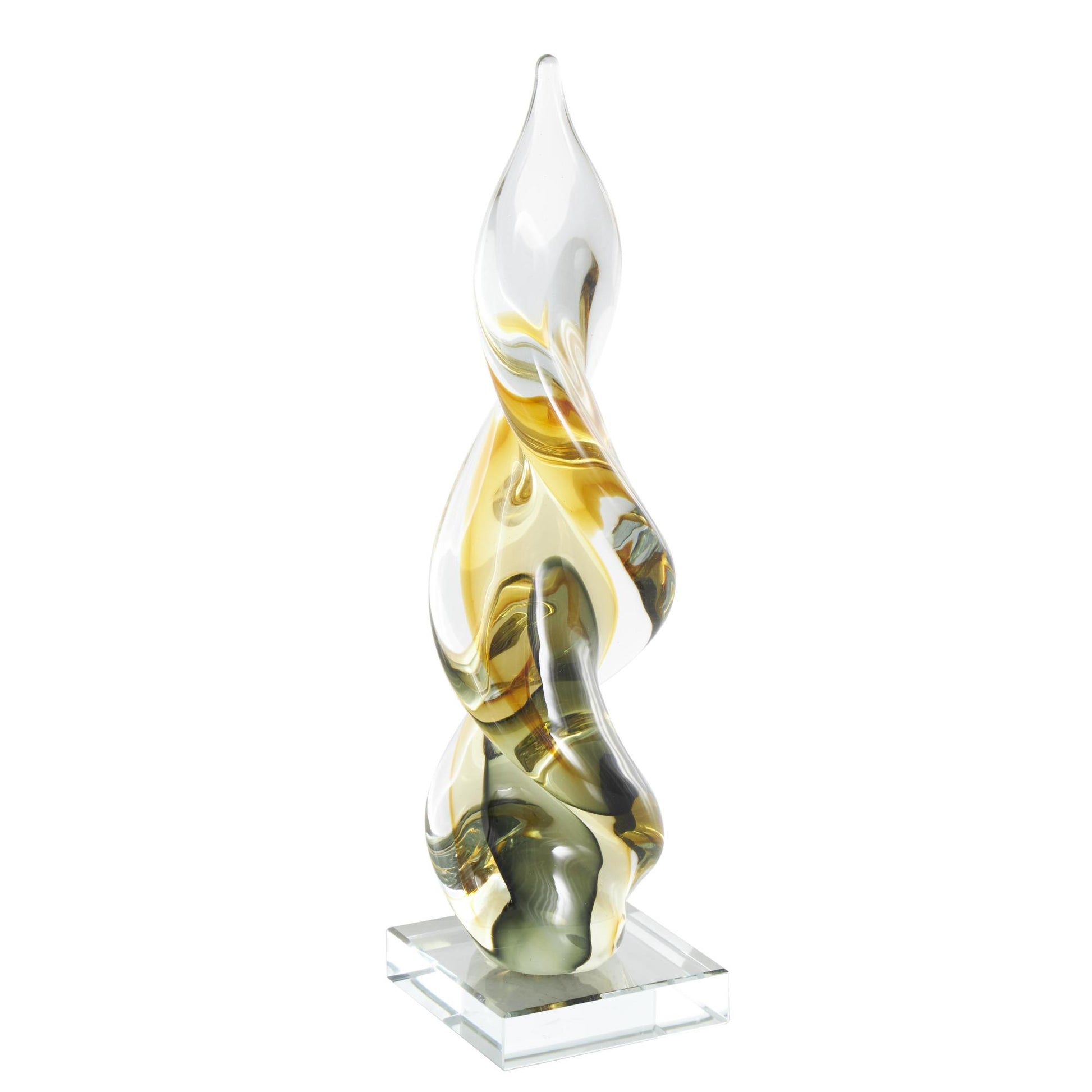 Abstract Clear Glass Twisted Decorative Sculpture with Green Accents