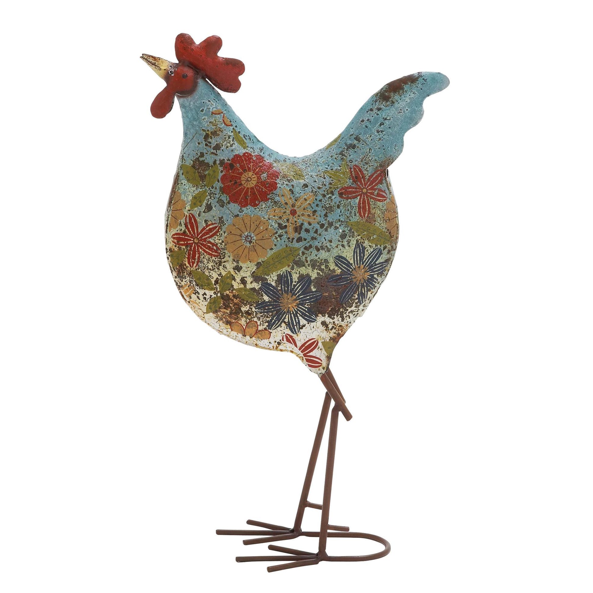 Rooster Metal Indoor Outdoor Distressed Standing Decorative Garden Sculpture with U Shaped Feet