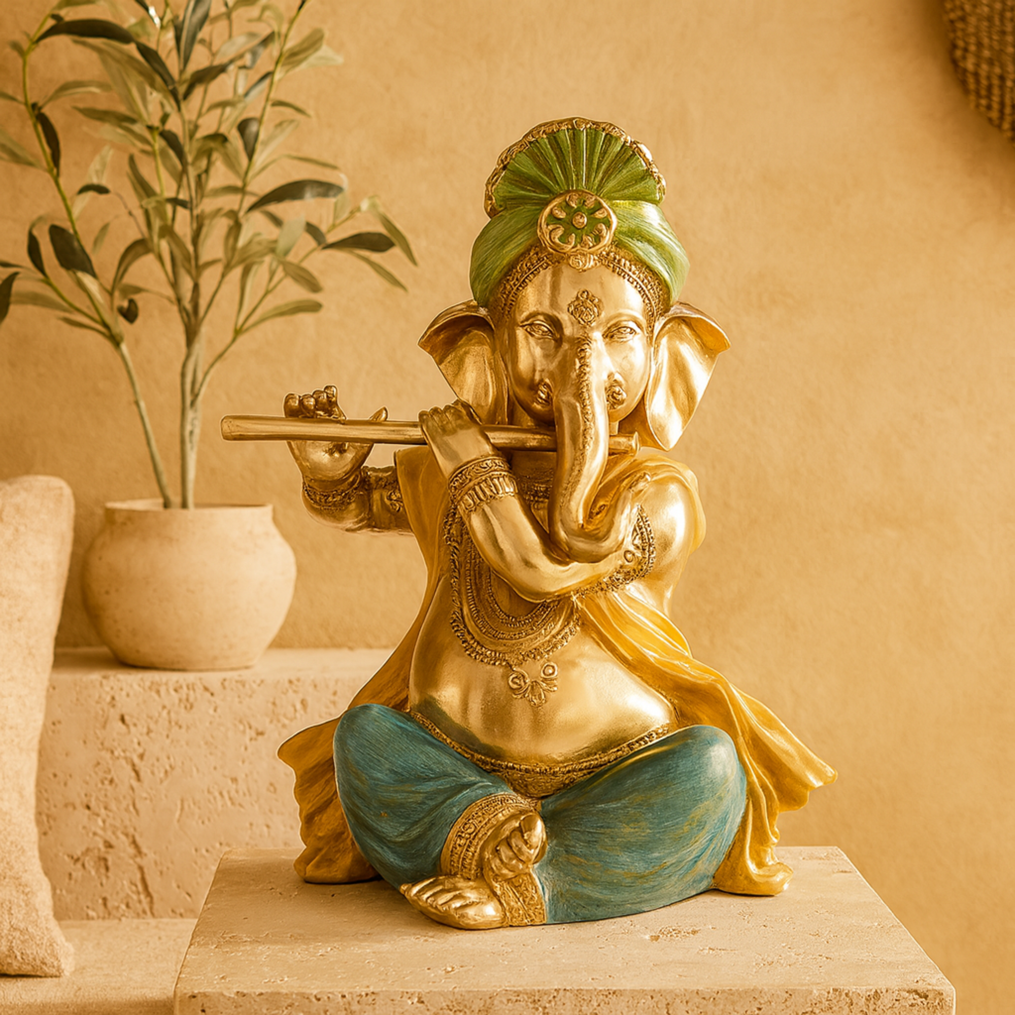 Ganesh Gold Resin Musician Decorative Sculpture with Green, Yellow, and Teal Accents
