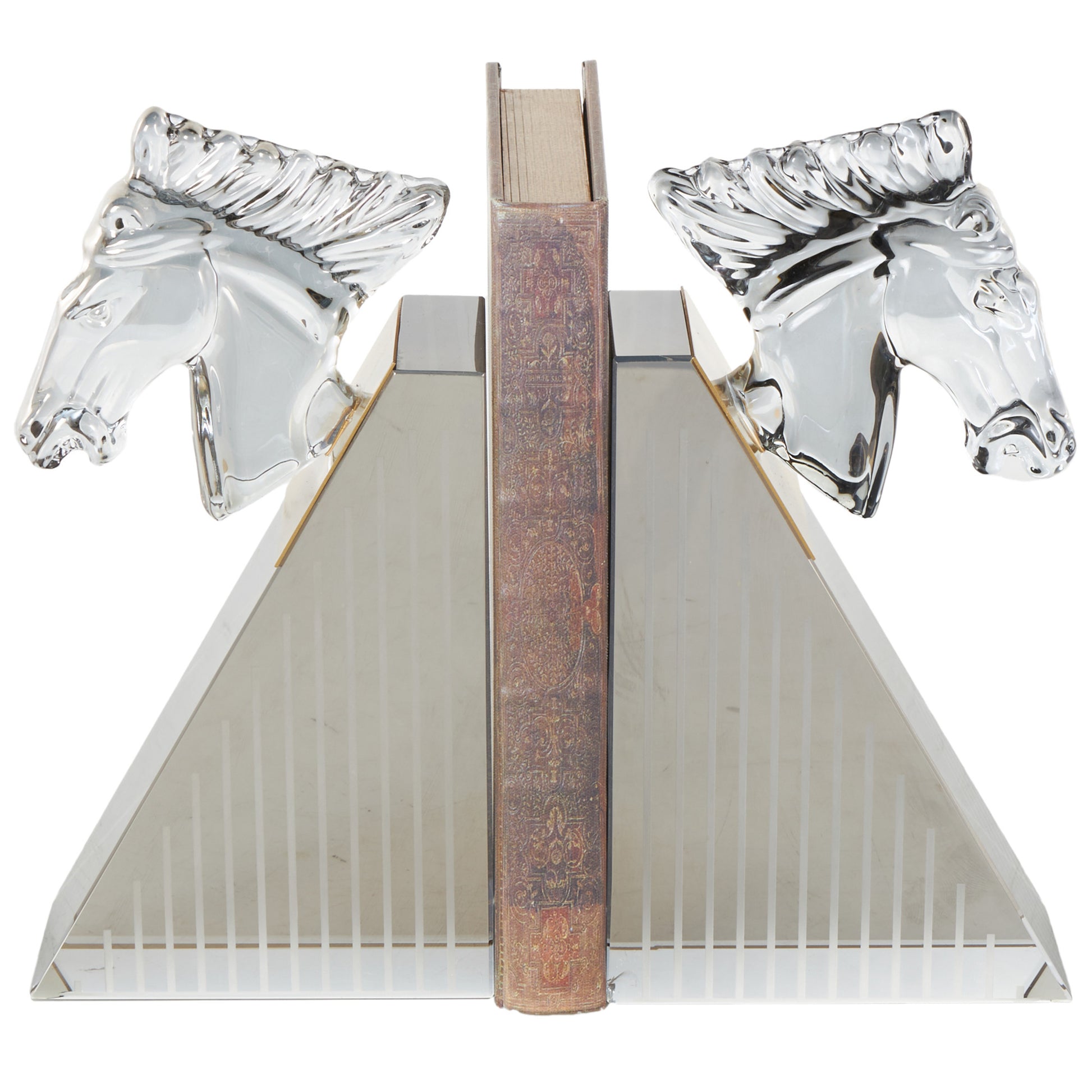 Set of 2 Horse Clear Glass Head Decorative Bookends with Pyramid Bases