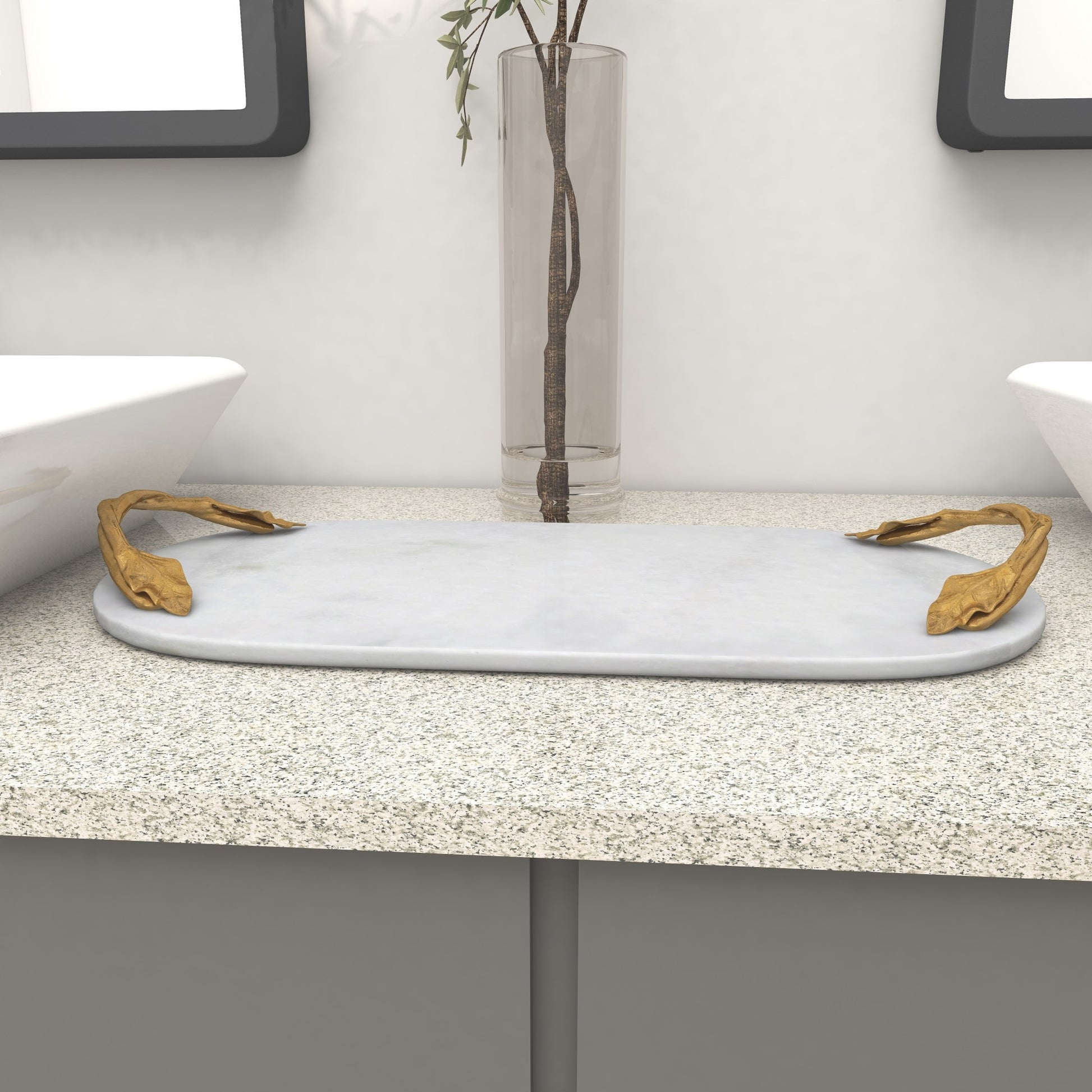 Leaf Marble Oval Living Room Decor Tray with Gold Twisted Metal Handles