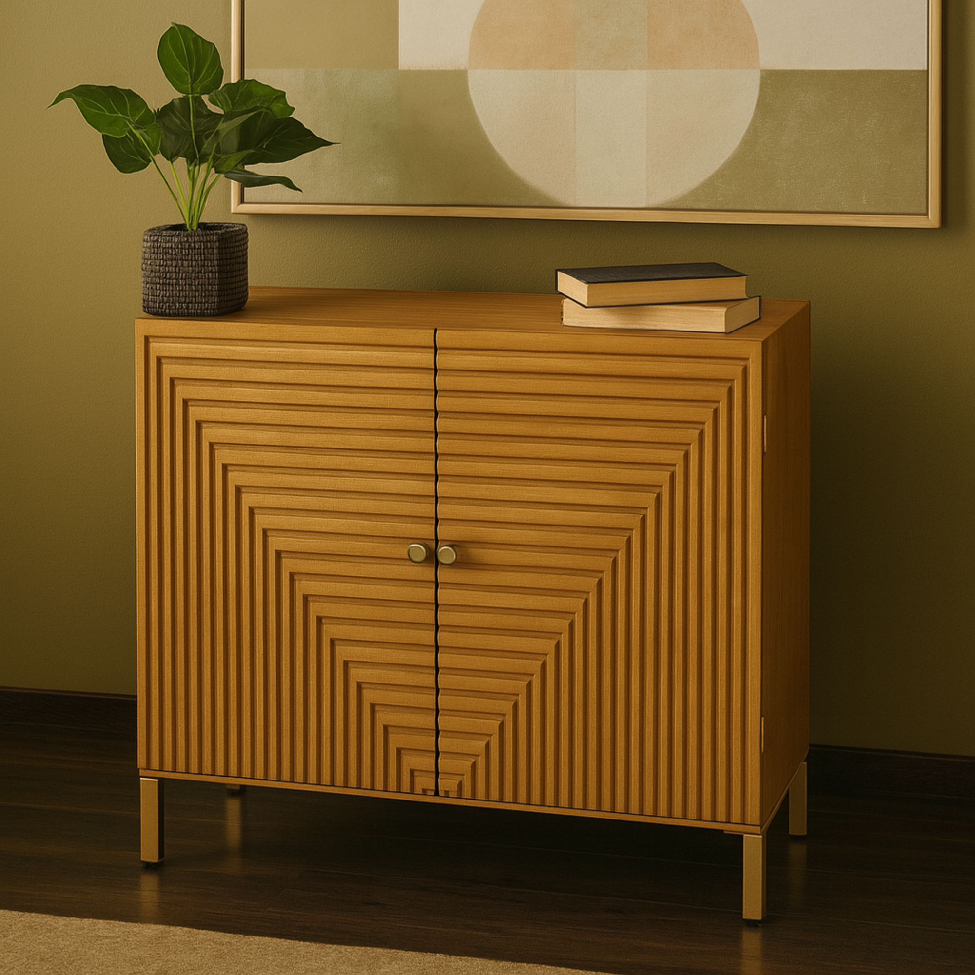 Geometric Brown Wood Carved Square Room Cabinet with Gold Accents