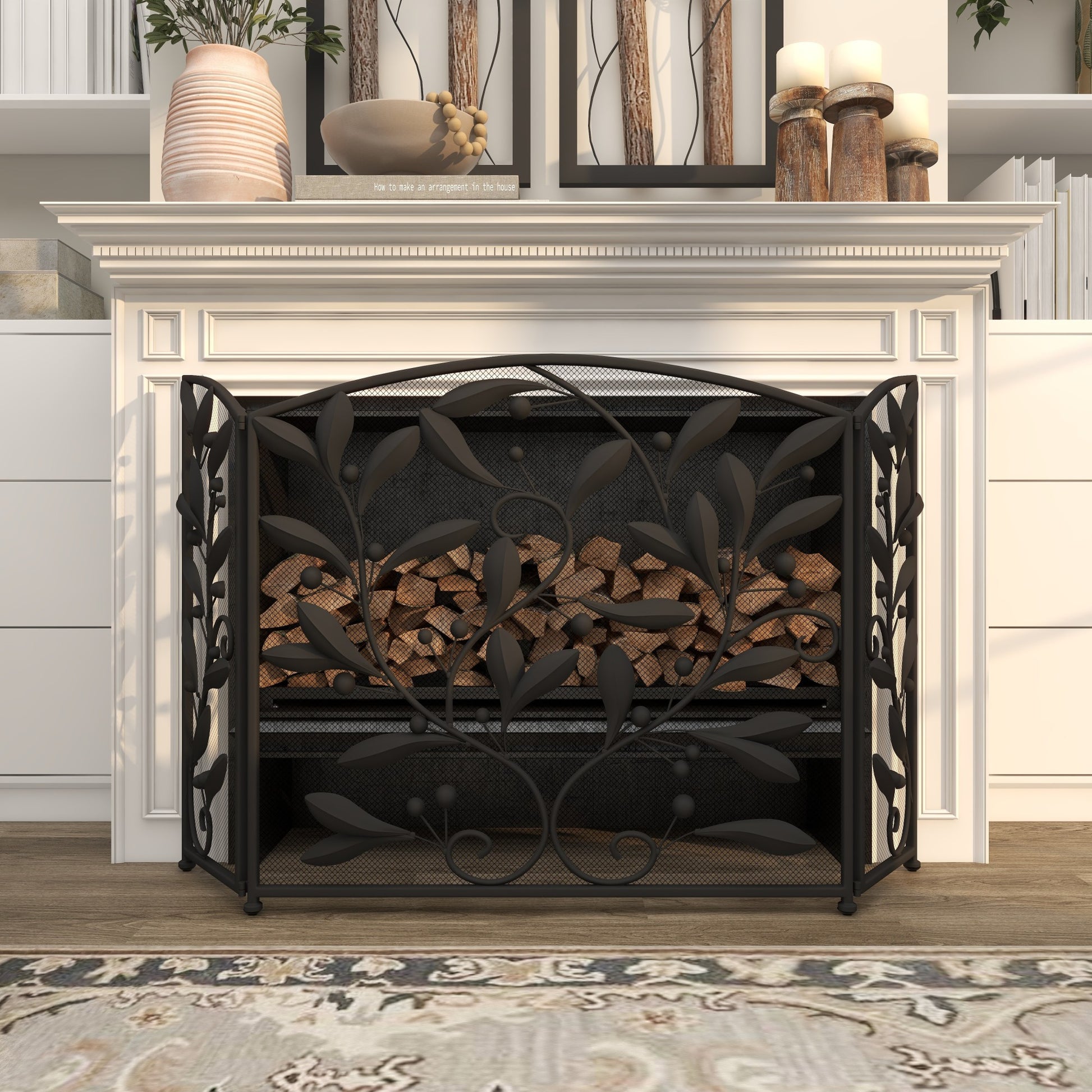 Leaf Metal Foldable Mesh Netting 3 Panel Living Room Fireplace Screen with Leaf and Vine Relief