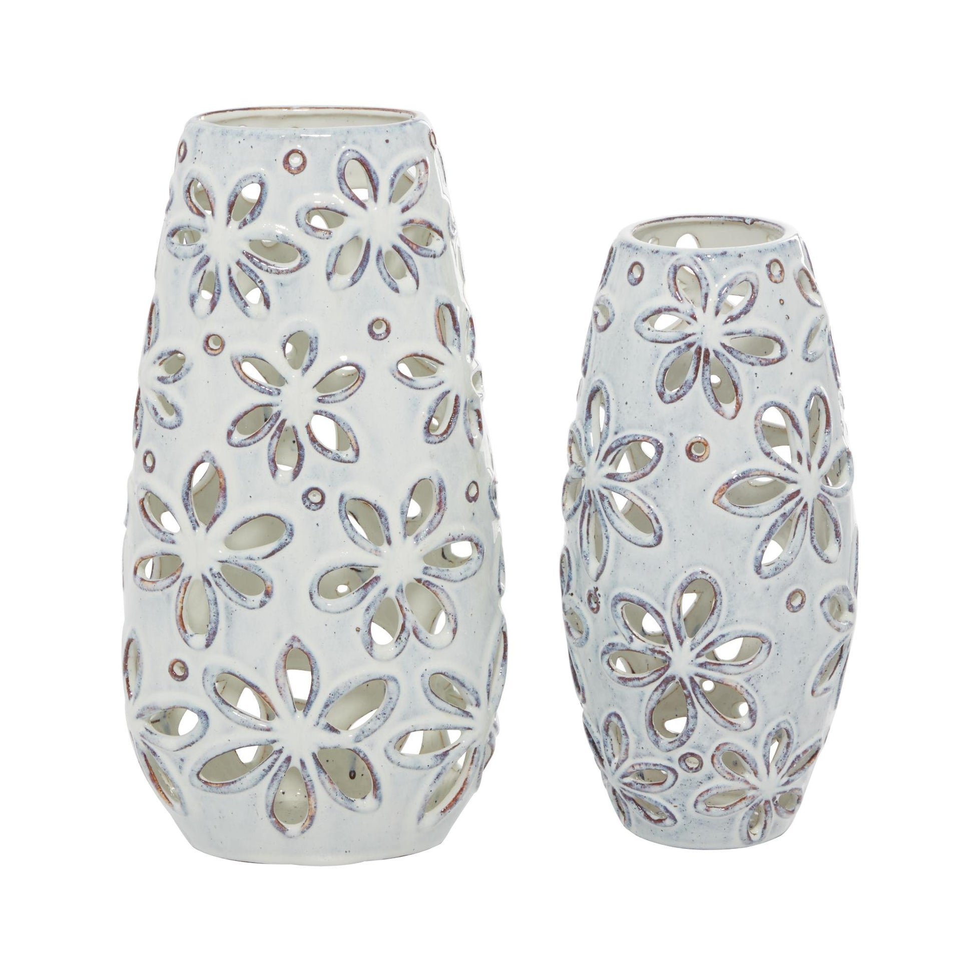 Set of 2 Floral White Ceramic Handmade Daisy Cut Out Decorative Vase
