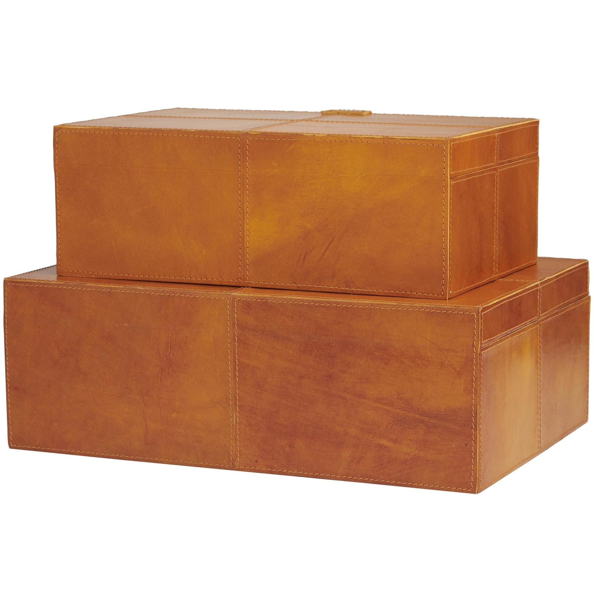 Set of 2 Leather Handmade Cowhide Storage Decorative Box with Stitching Detail