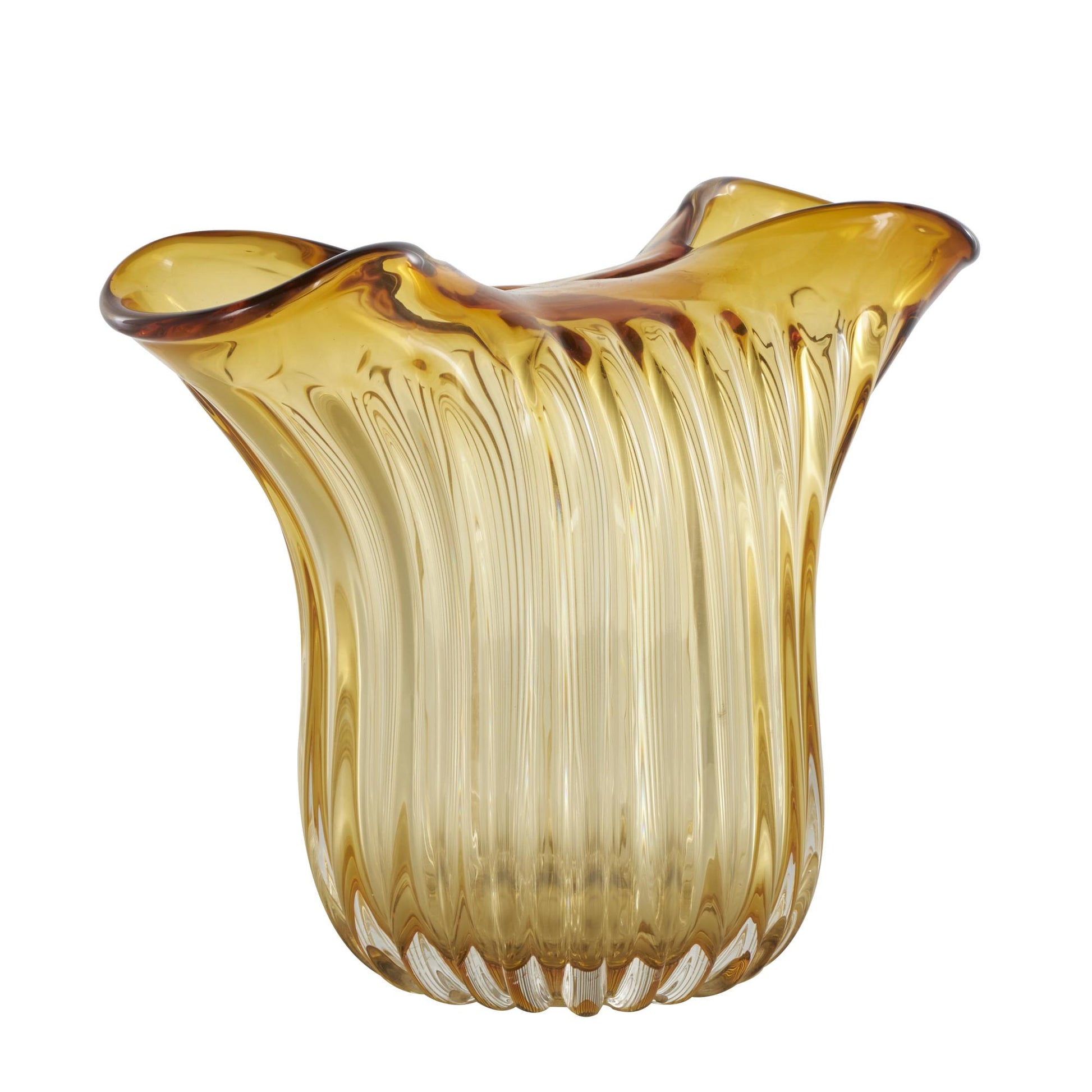 Abstract Orange Glass Ribbed Ombre Decorative Vase with Folded Curve Opening