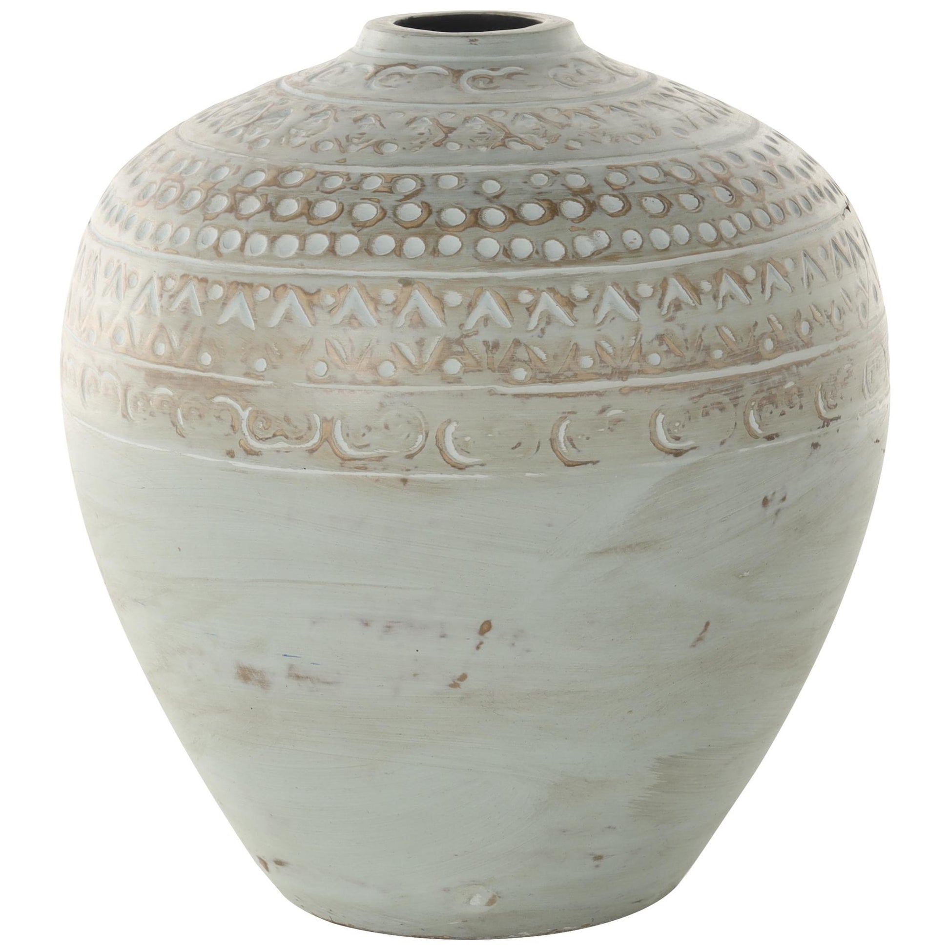 Green Ceramic Handmade Antique Style Wide Rounded Decorative Vase with Geometric Tribal Carvings