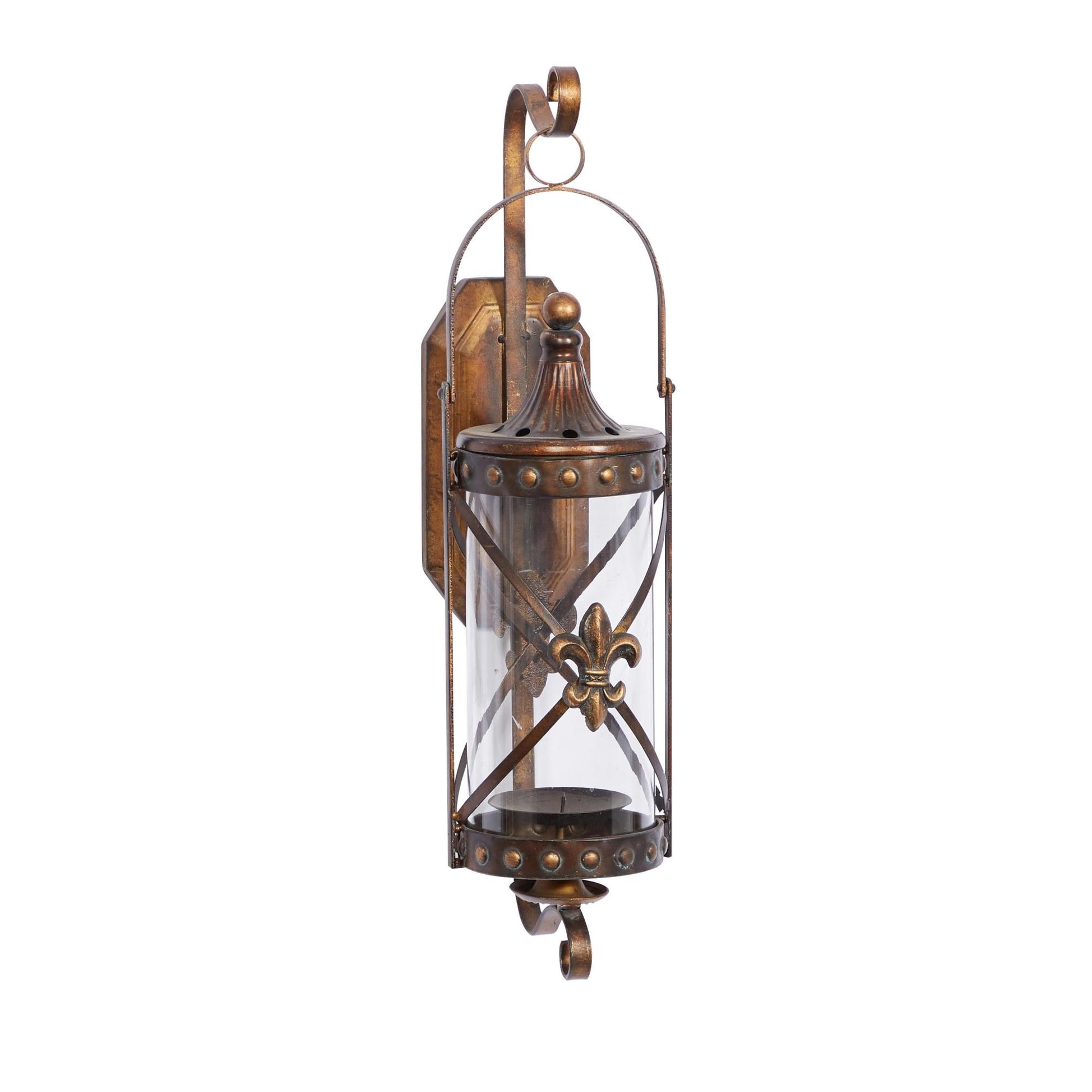 Fleur De Lis Metal Suspended Studded Single Candle Indoor Outdoor Wall Sconce with Scroll Details
