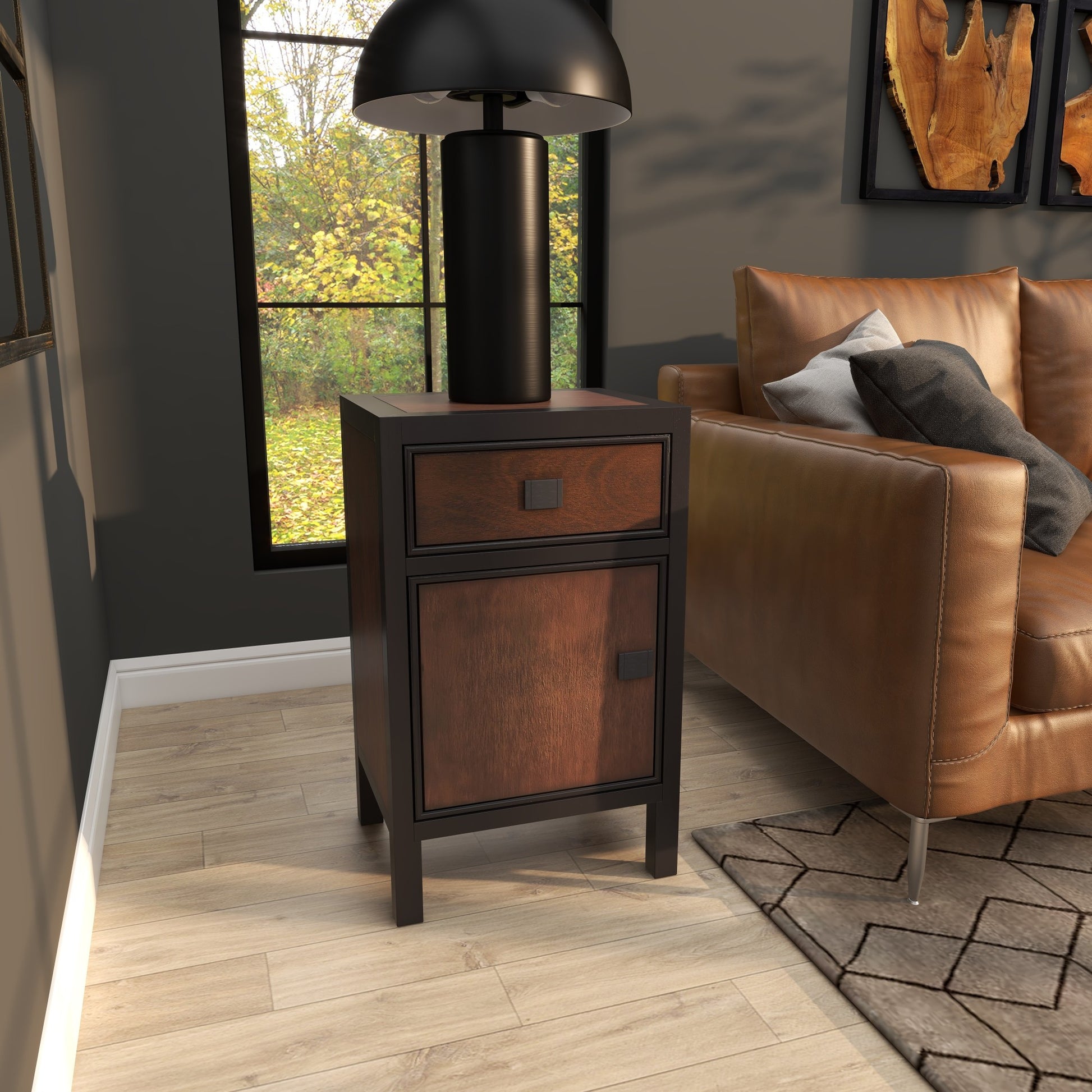 Dark Brown Wood Square 1 Door and 1 Drawer Room Cabinet with Black Frame