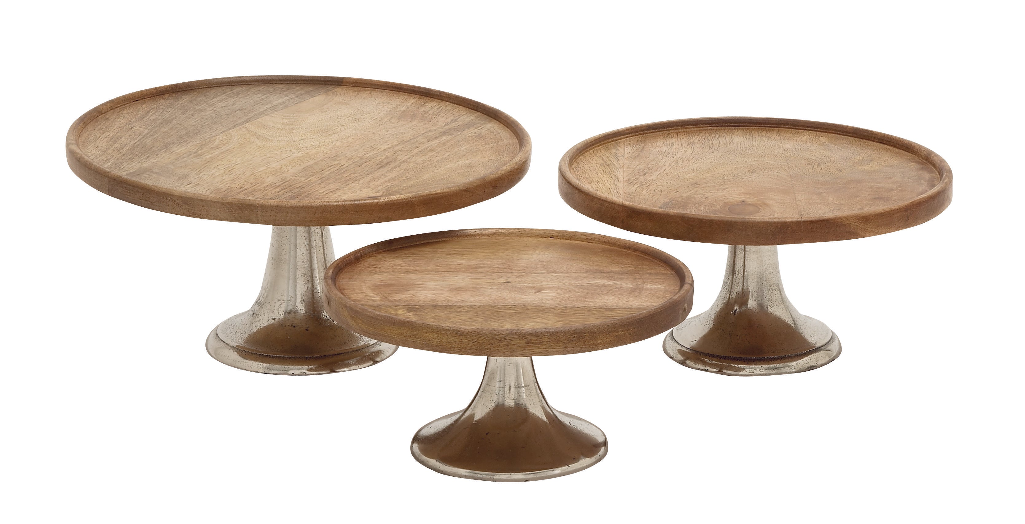 Set of 3 Mango Wood Decorative Cake Stand with Silver Aluminum Cone Base