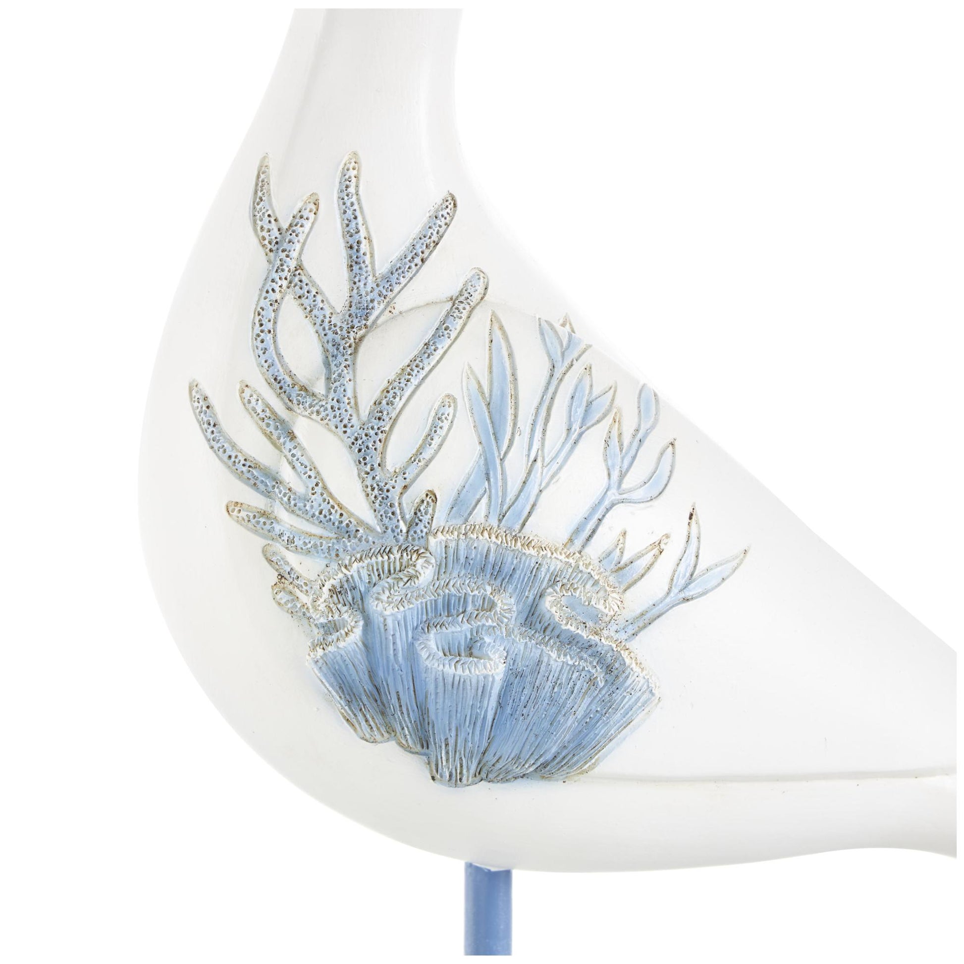 Set of 2 Bird White Polystone Decorative Sculpture with Blue Coral Patterns and Wood Inspired Bases