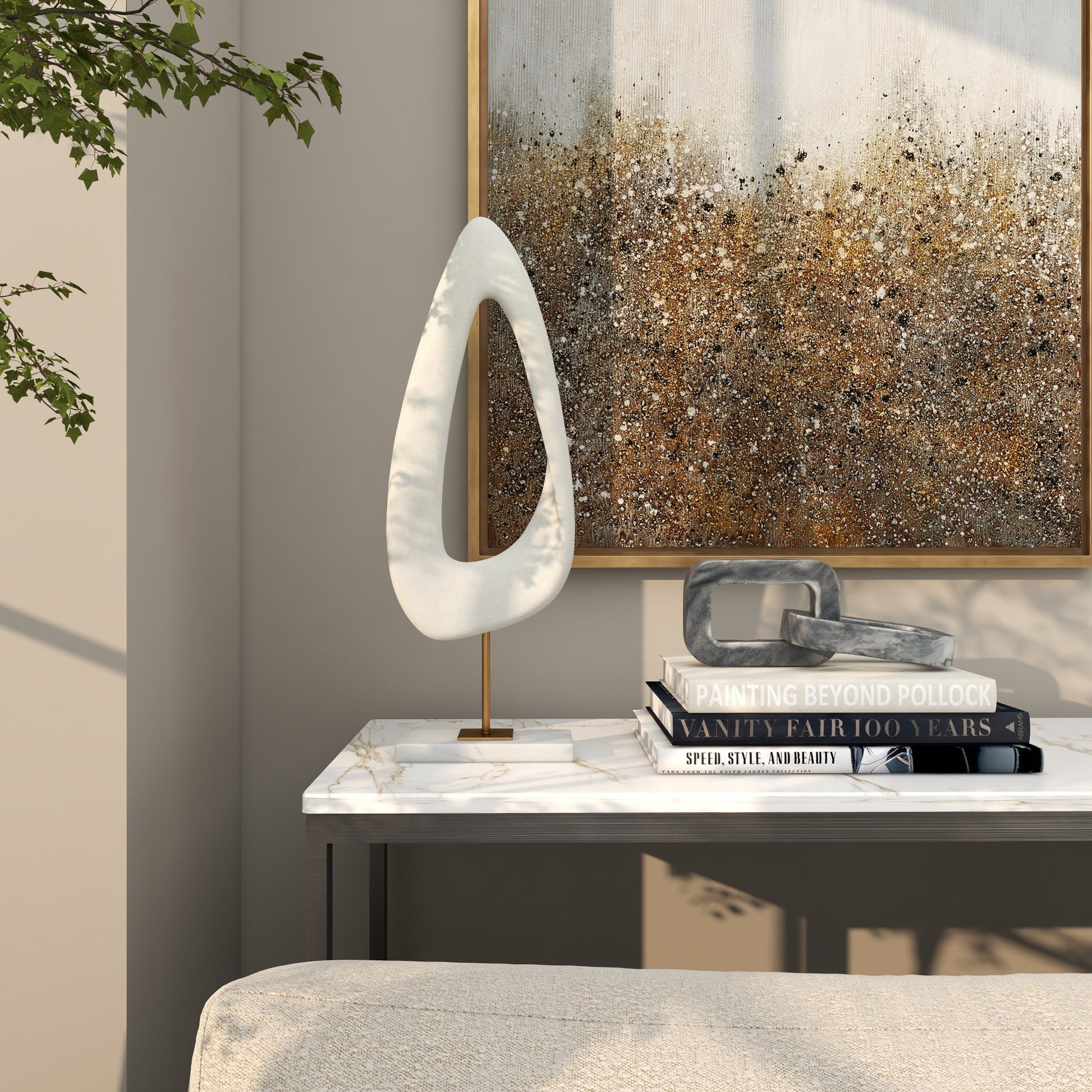 Abstract White Polystone Cut-Out Decorative Sculpture with Marble Stand