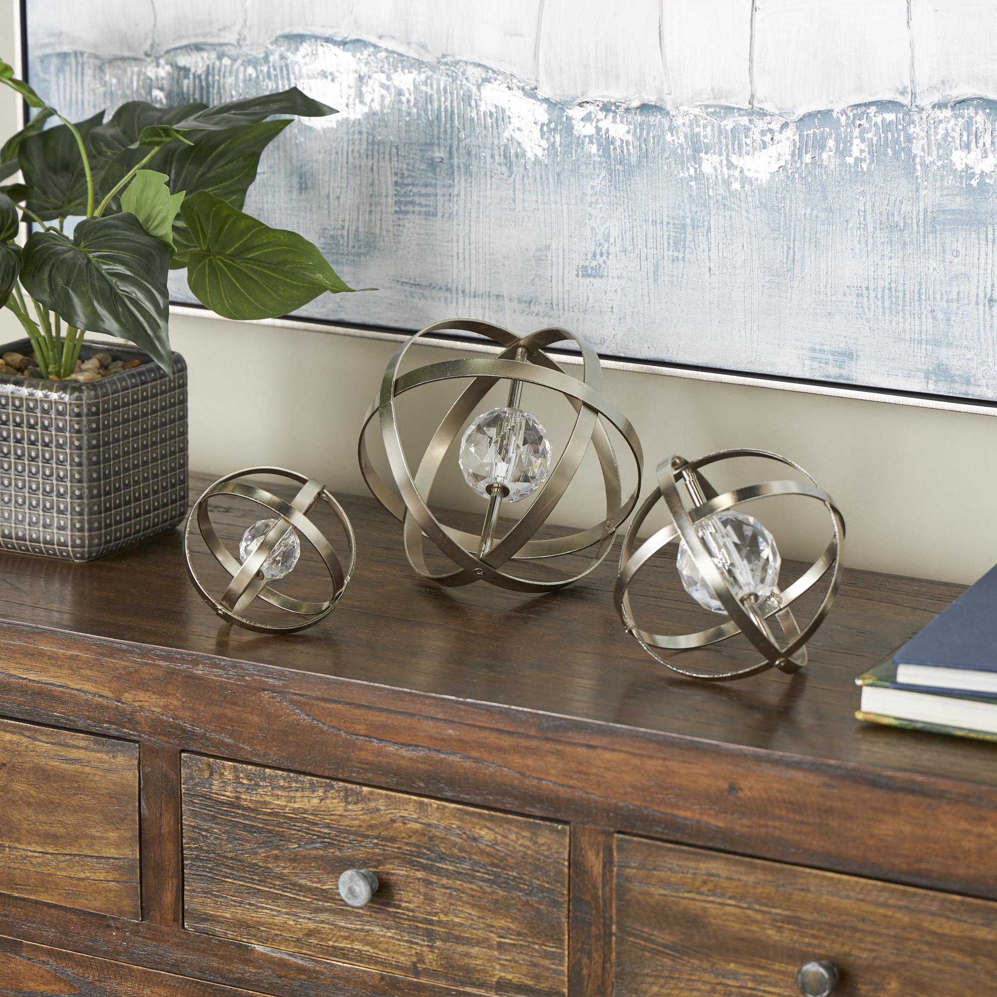 Set of 3 Geometric Metal Orb Decorative Sculpture with Acrylic Center
