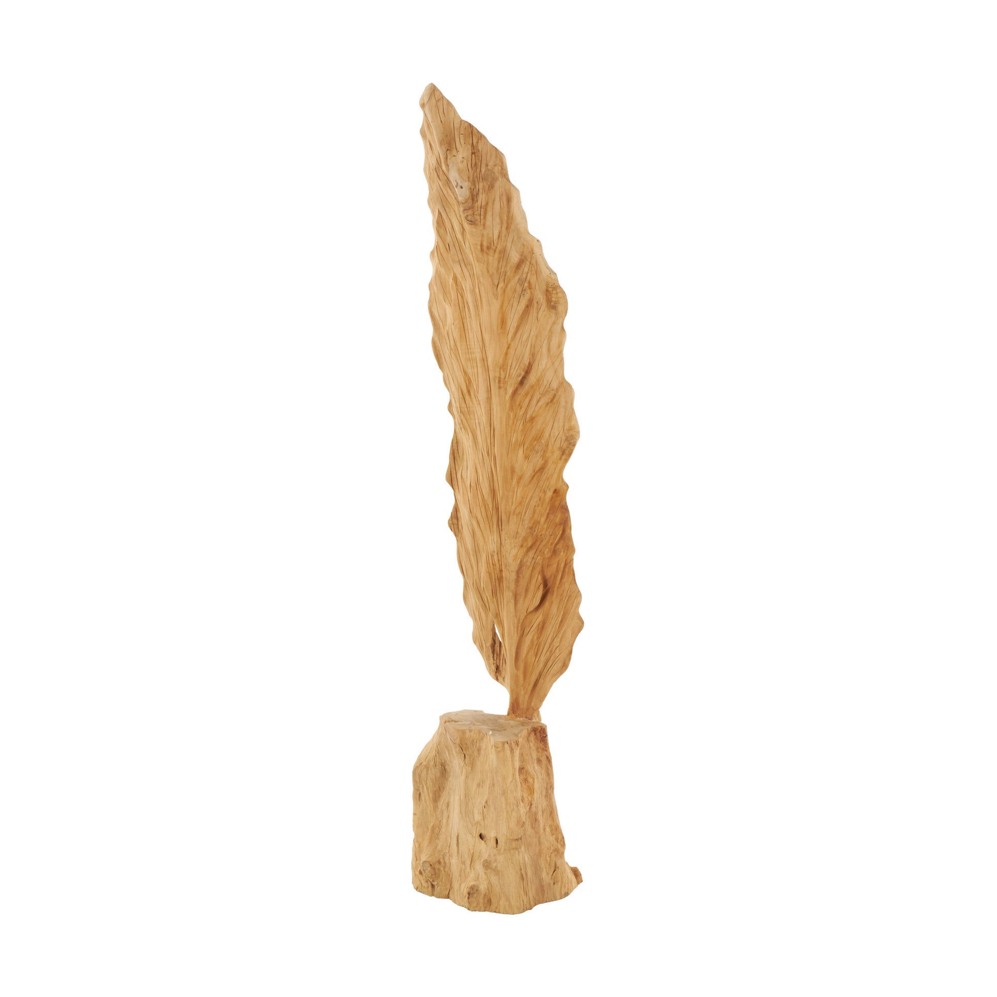 Leaf Brown Teak Wood Live Edge Floor Decorative Sculpture with Tree Stump Base