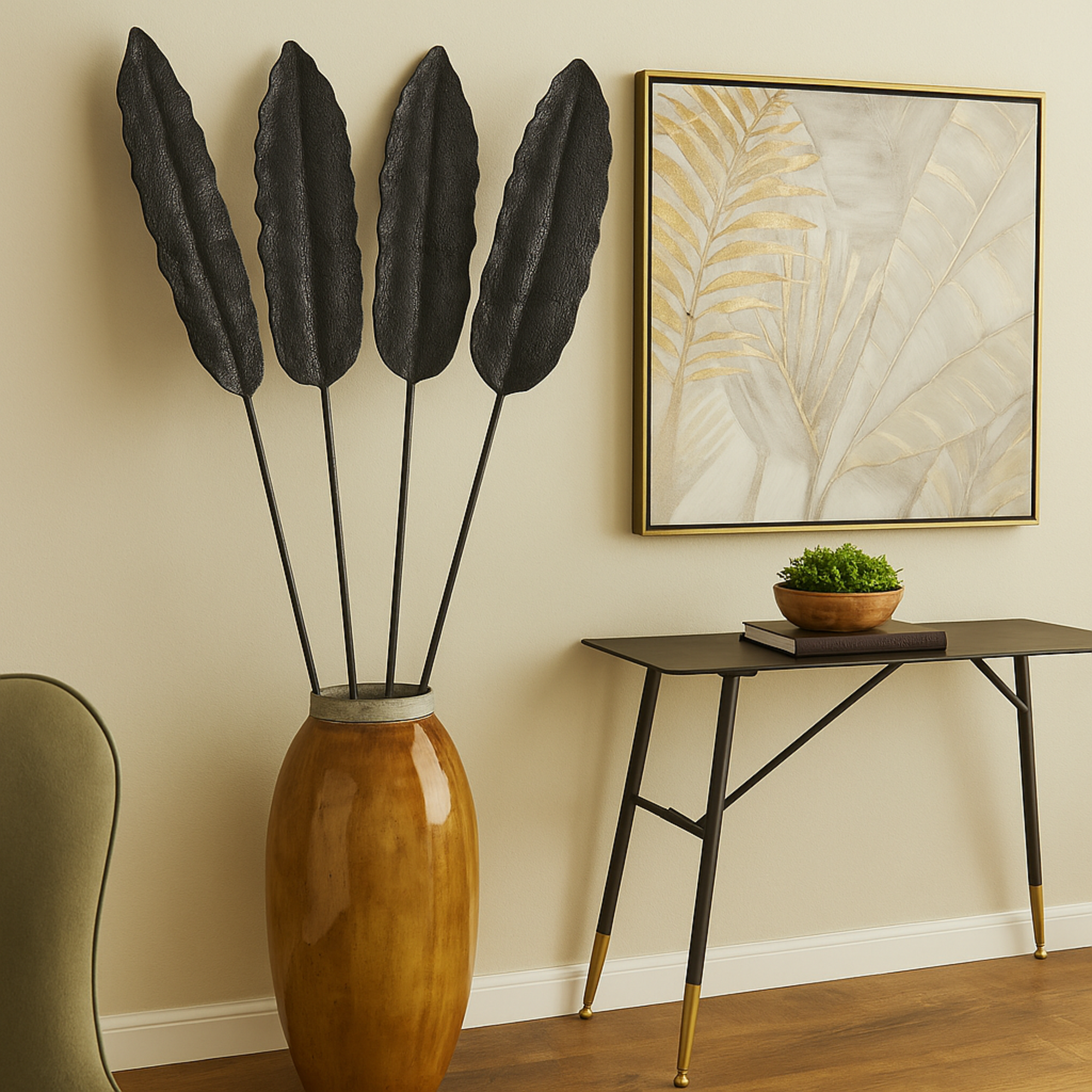 Set of 4 Bamboo Black Bamboo Wood Tall Slim Woven Leaf Stick Home Decor Natural Foliage