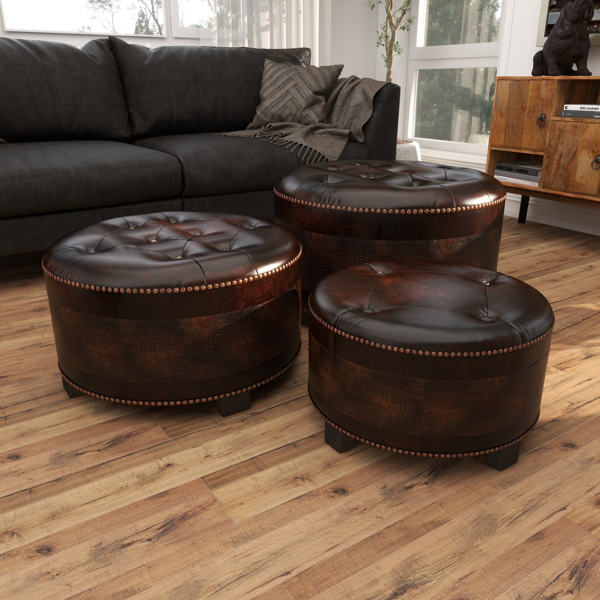 Set of 3 Dark Brown Wooden Room Storage Ottoman with Tufted Top