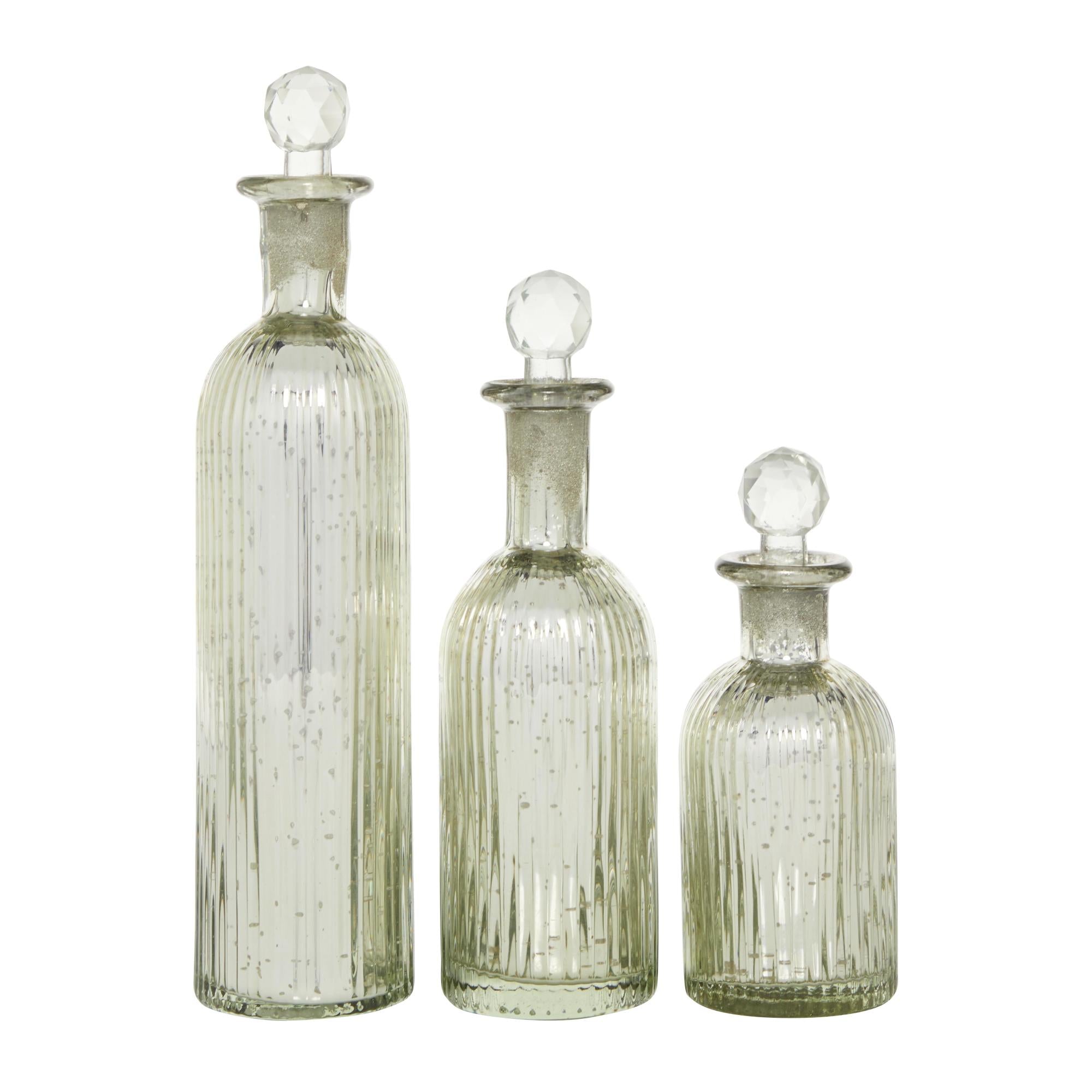 Set of 3 Silver Glass Slim Bottle Living Room Decorative Jars with Crystal Toppers
