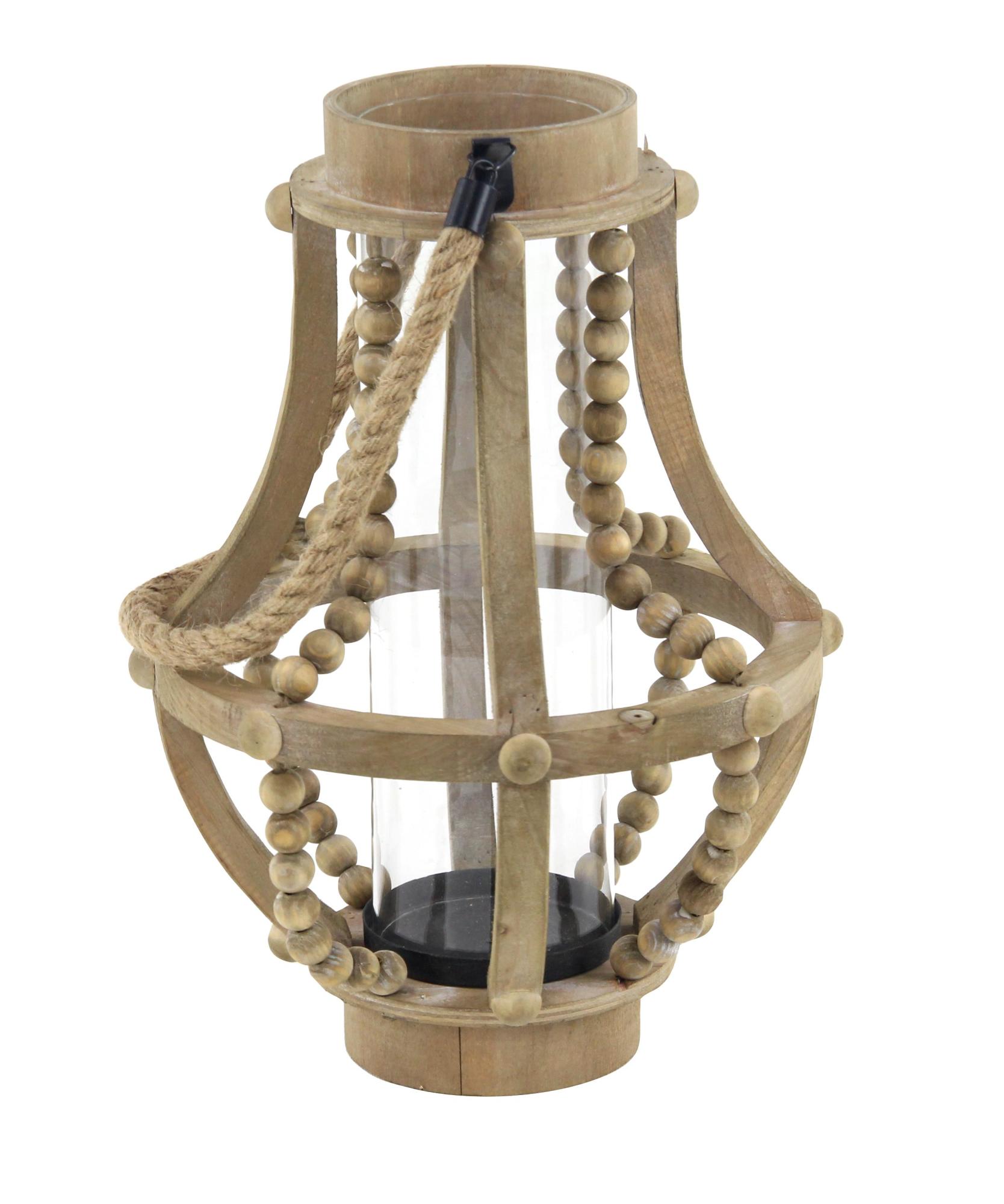 Beige Reclaimed Wood Beaded Decorative Indoor Outdoor Candle Lantern