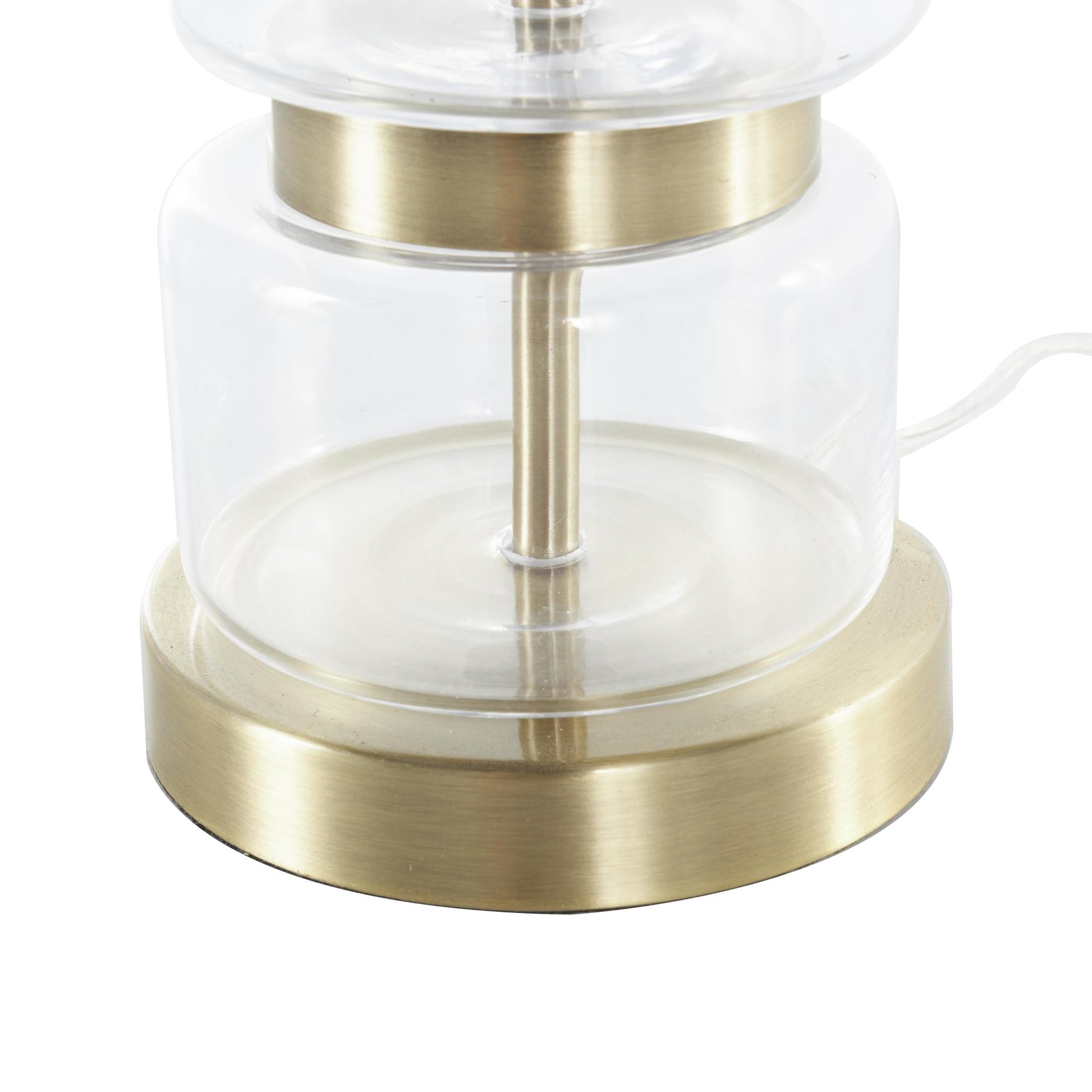 Clear Glass Stacked Jars Room Table Lamp with White Drum Shade and Gold Metal Accents