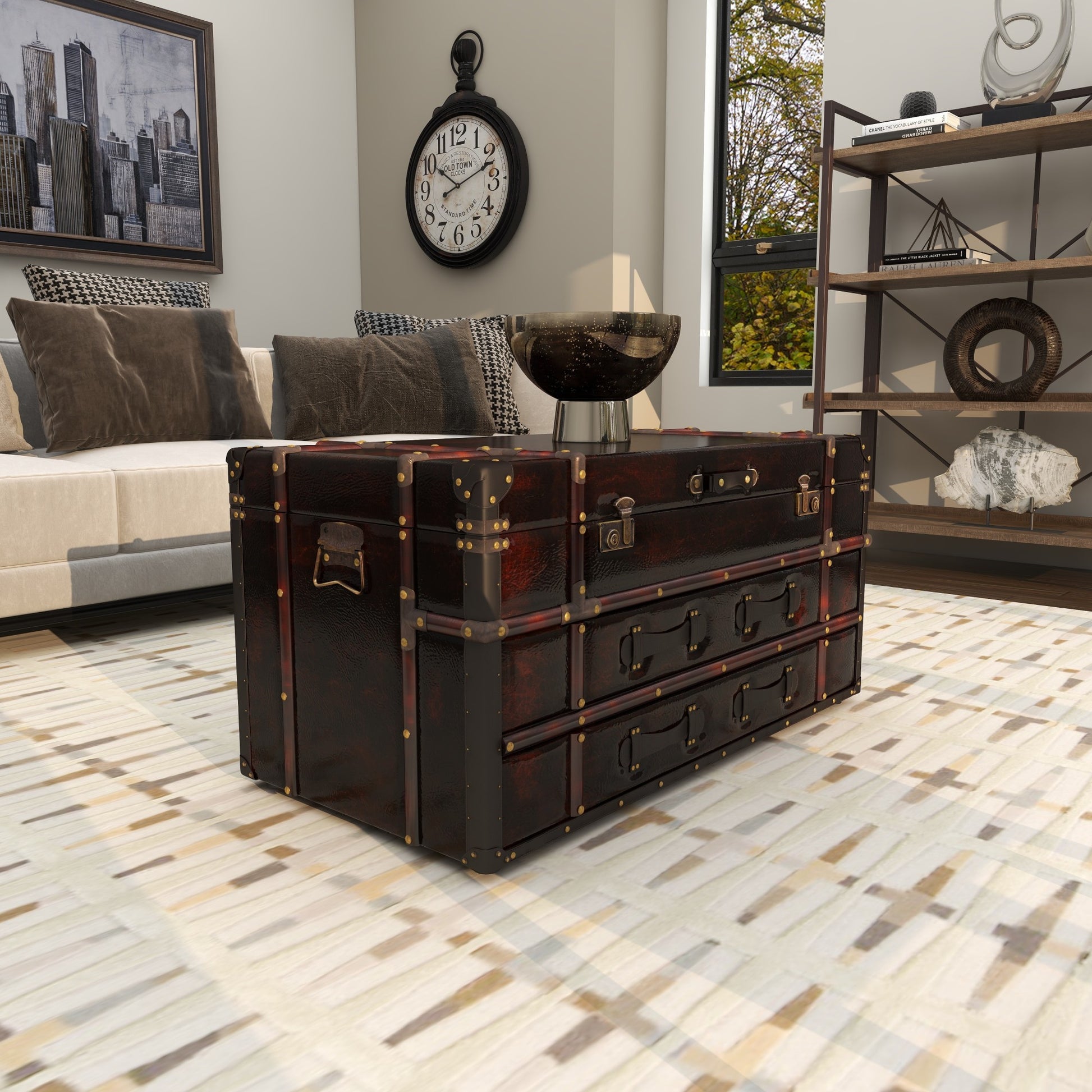 Faux Leather Vintage 2 Drawer Living Room Coffee Table with Buckle Hinged Top