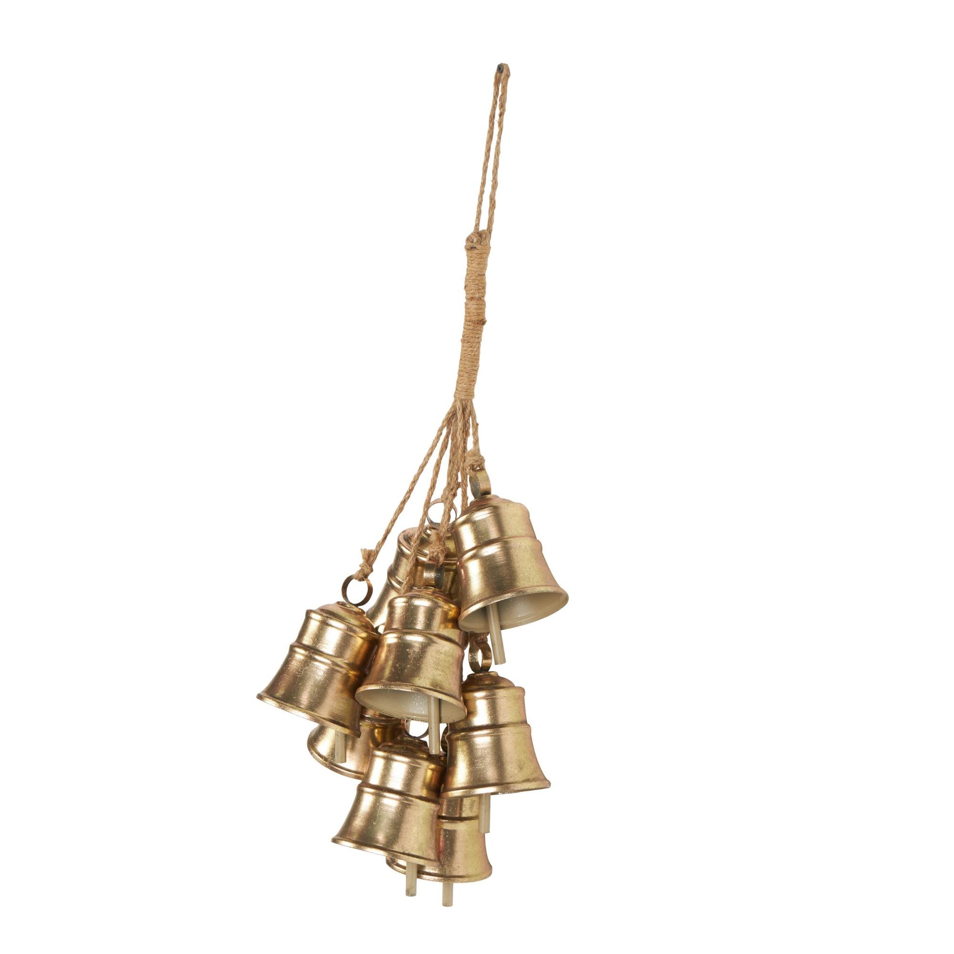 Gold Metal Tibetan Inspired Cascading Cluster Indoor Outdoor Decorative Bells with 8 Bells on Jute Hanging Rope