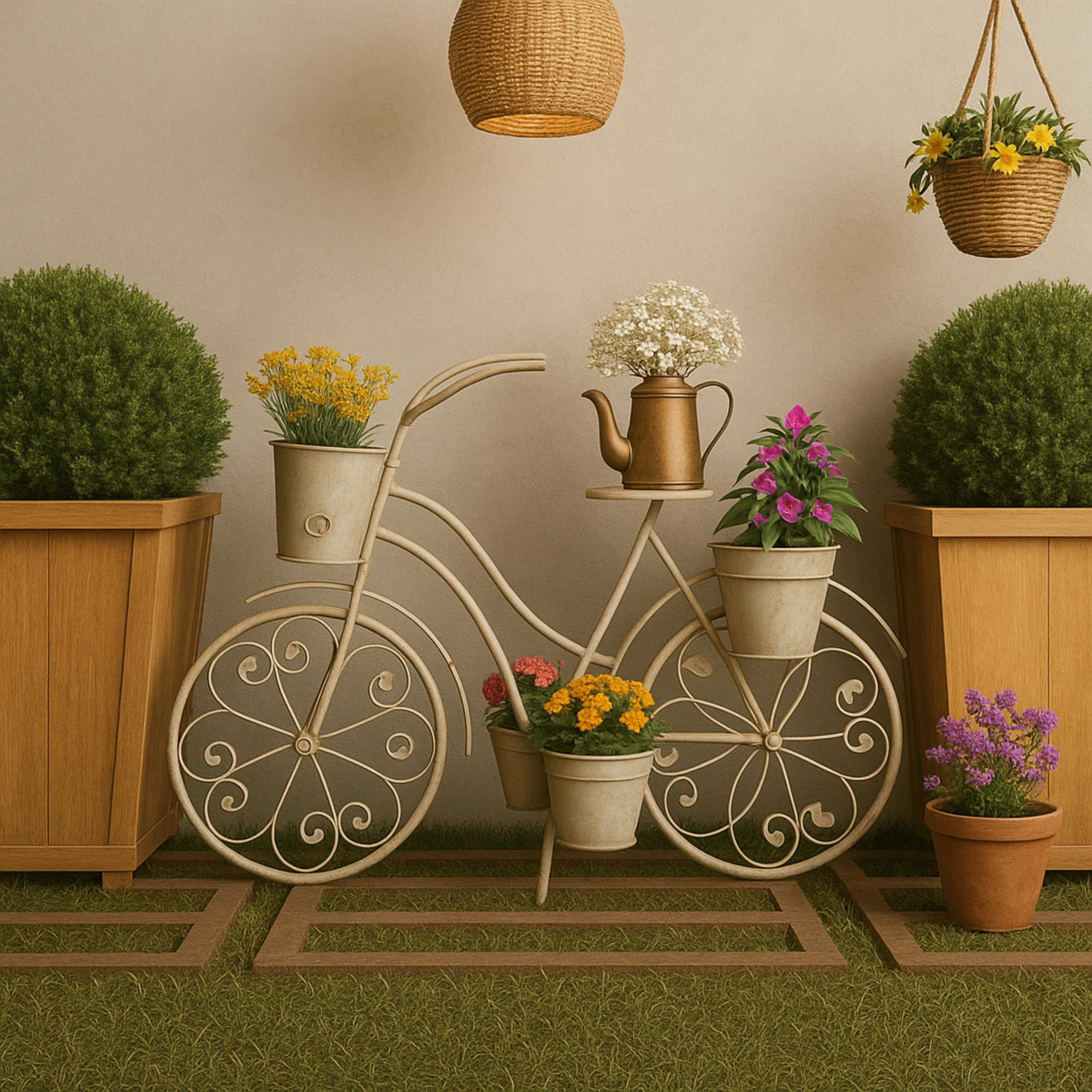 Bike Gray Metal Distressed Scroll 3 Tier Indoor Outdoor Plantstand with Fleur De Lis Wheels