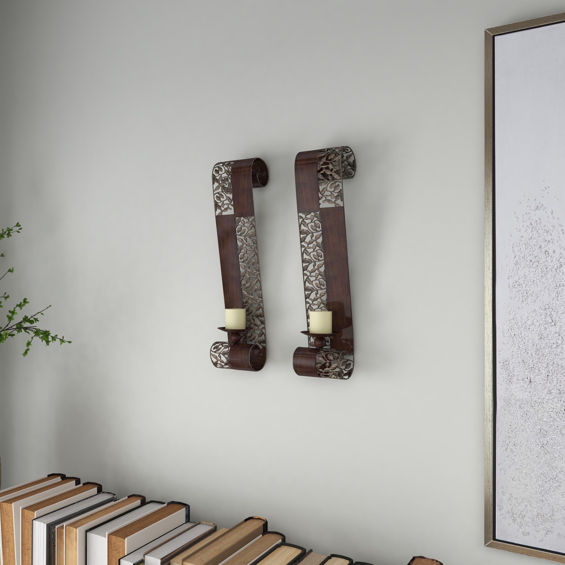 Set of 2 Leaf Brown Metal Cutout Indoor Outdoor Wall Sconce with Scrolled Edges