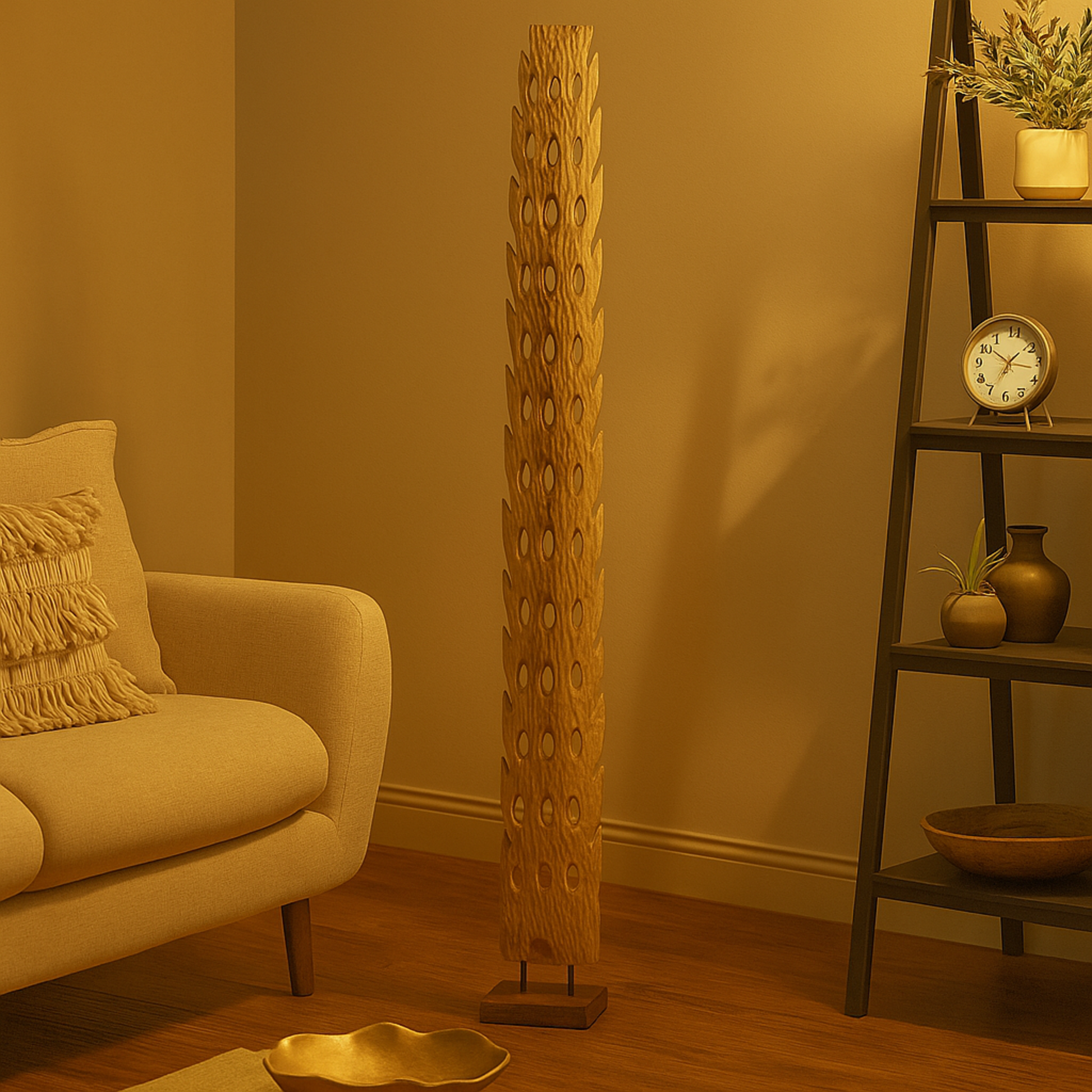 Abstract Brown Teak Wood Handmade Tall Floor Cutout Post Decorative Sculpture with Live Edge Base