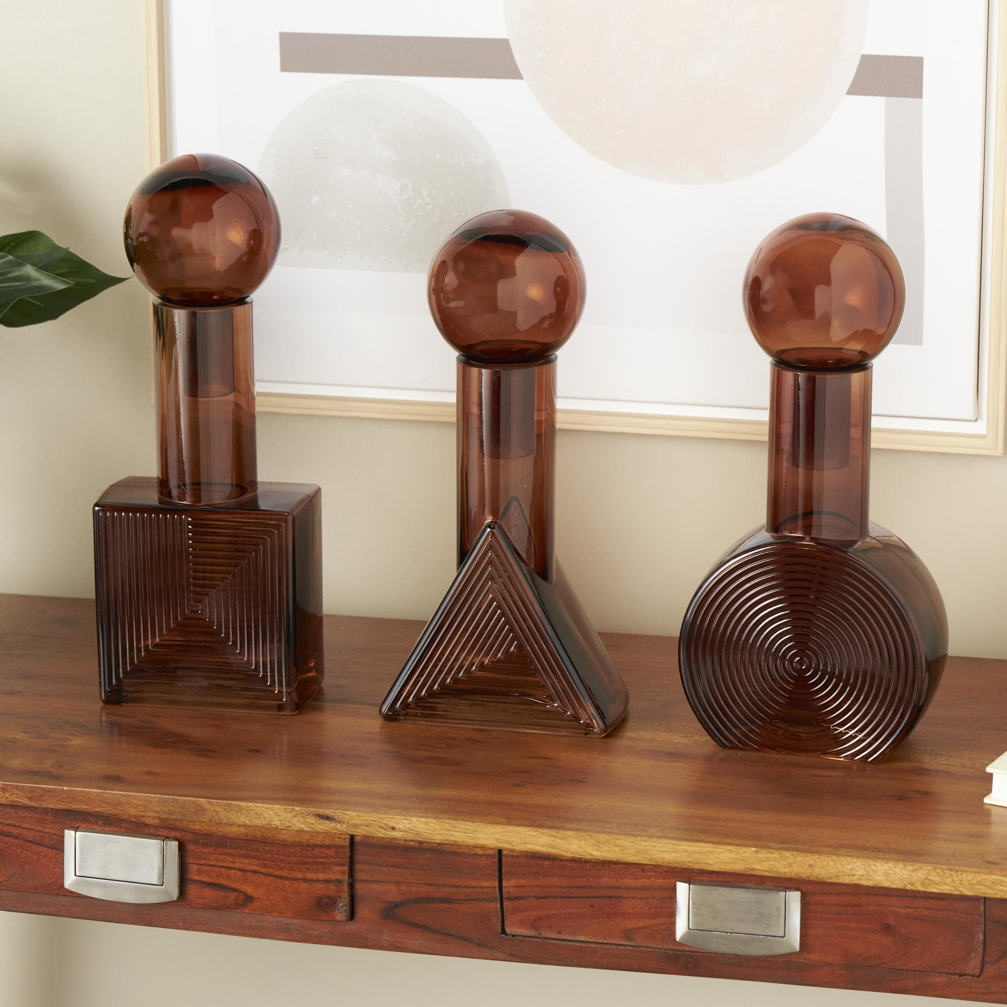 Set of 3 Geometric Brown Glass Triangle, Circle, Square Ombre Living Room Decorative Jars