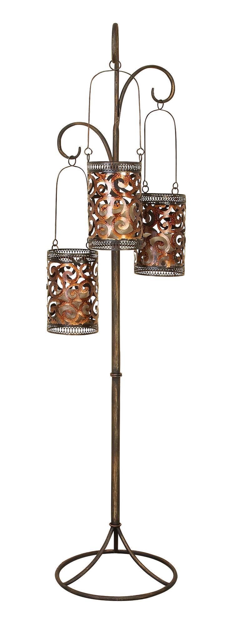 Scroll Brass Metal Perforated Moroccan Standing Floor Indoor Outdoor Candle Lantern with 3 Suspended Holders