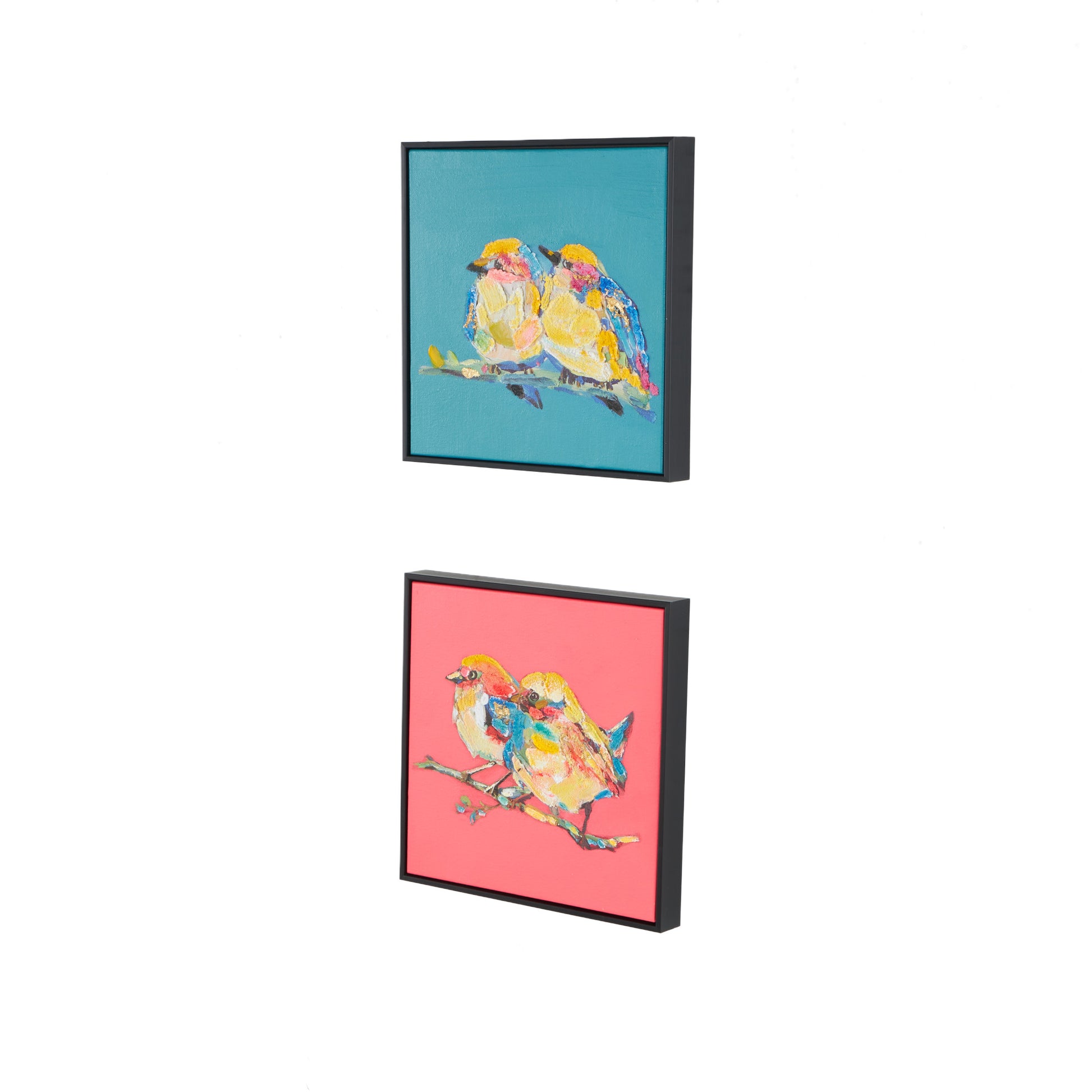 Set of 2 Bird Multi Colored Canvas Colorful Living Room Framed Wall Art with Black Frame and Gold Foil Accents