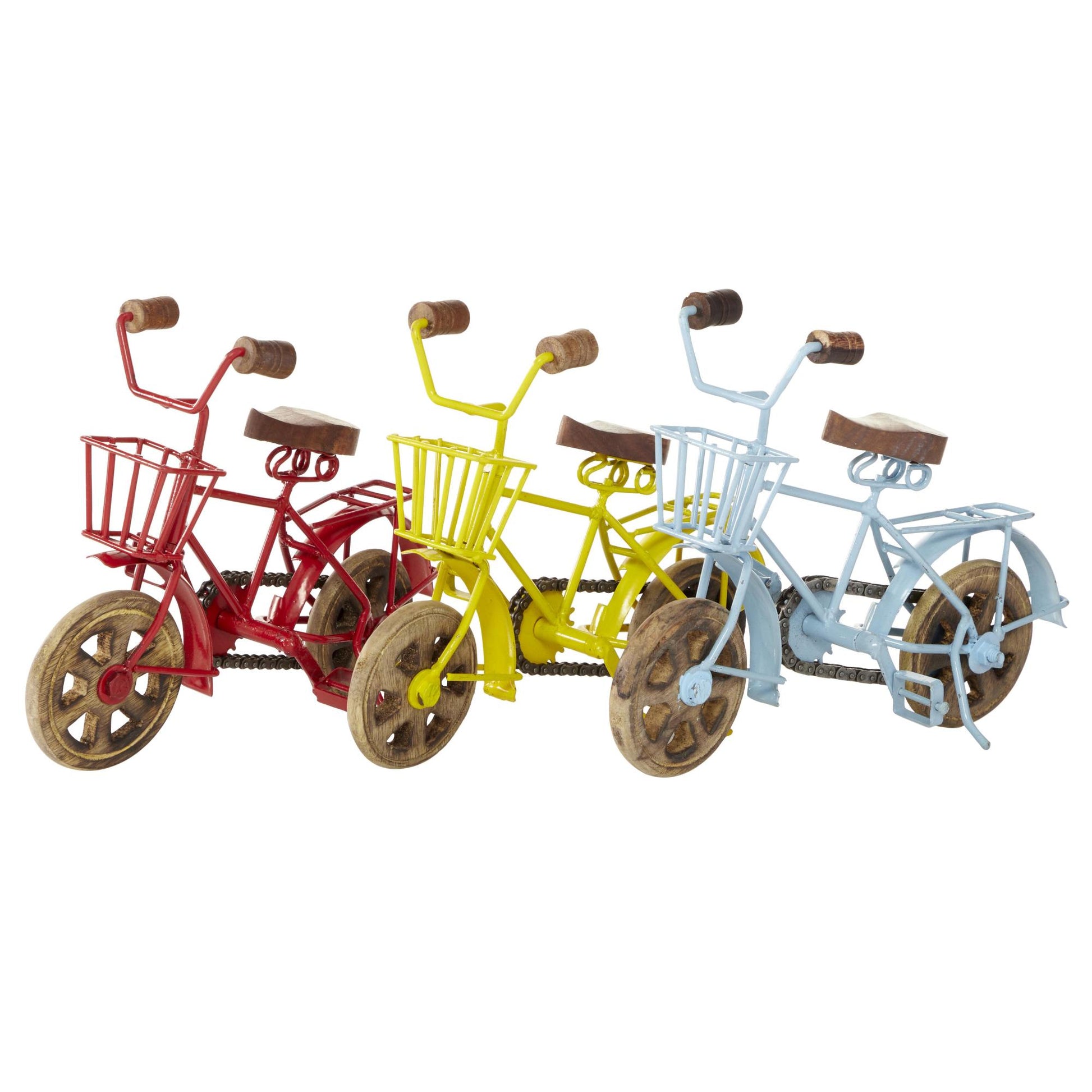Set of 3 Bike Multi Colored Metal Decorative Sculpture with Wood Wheels