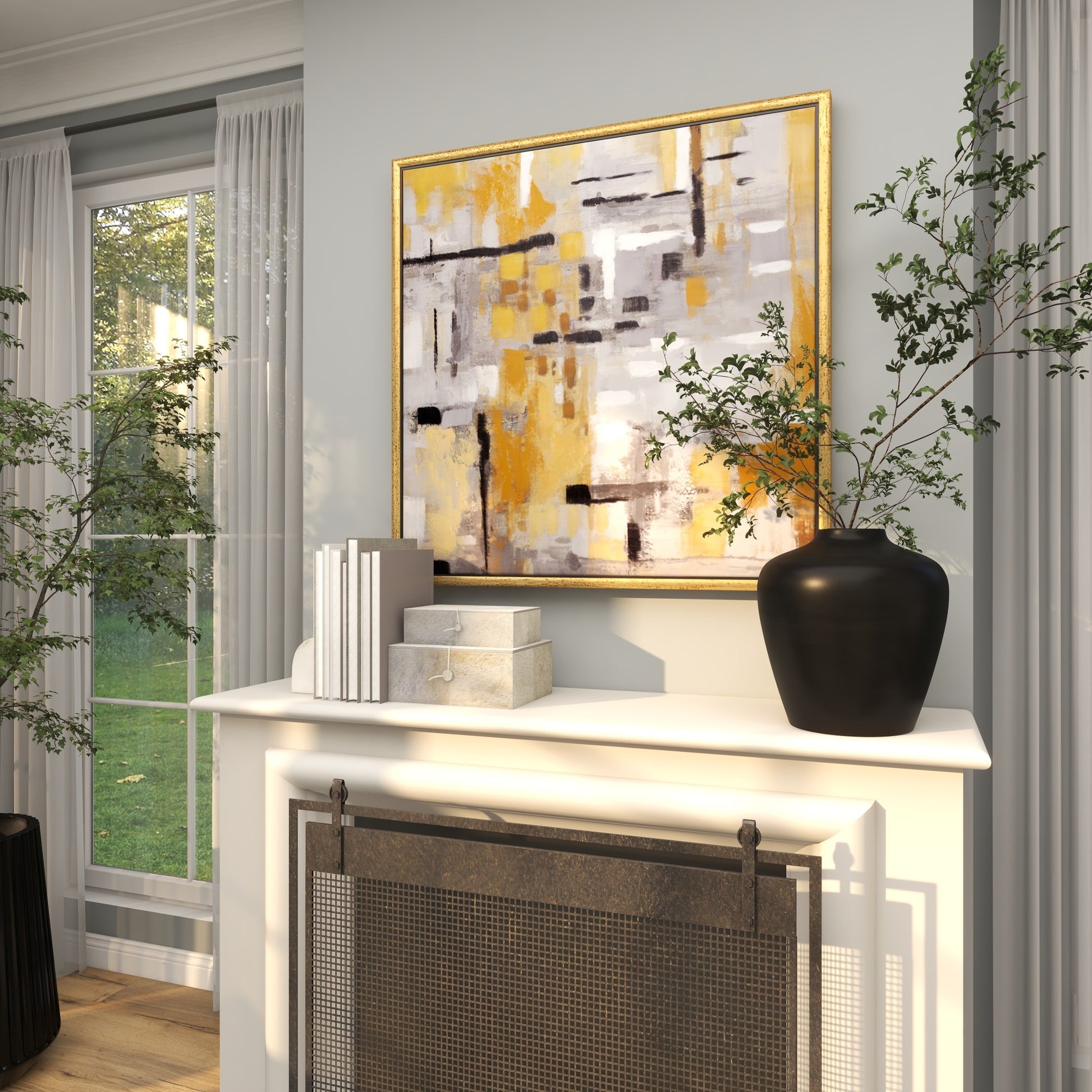 Abstract Gold Canvas Living Room Framed Wall Art with Gold Frame