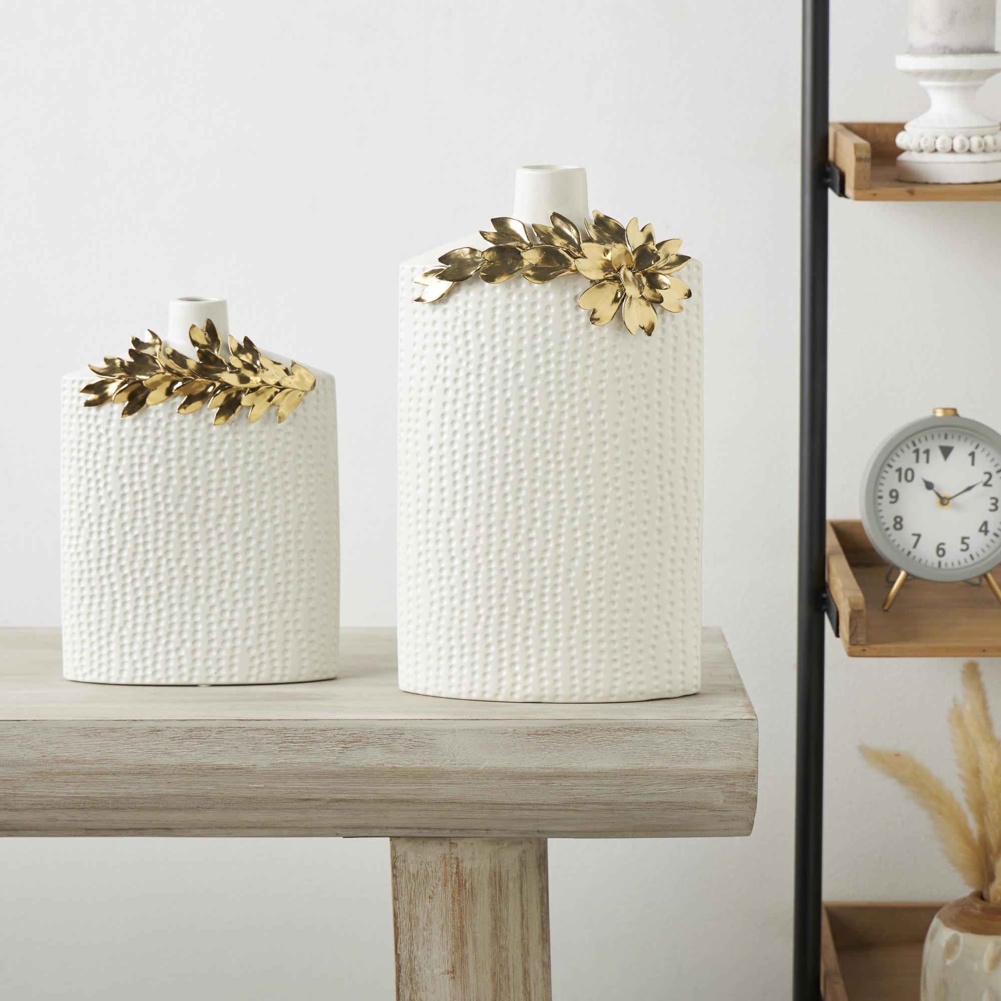 Set of 2 Leaf White Ceramic Decorative Vase with Abstract Spotted Pattern and Gold Accents